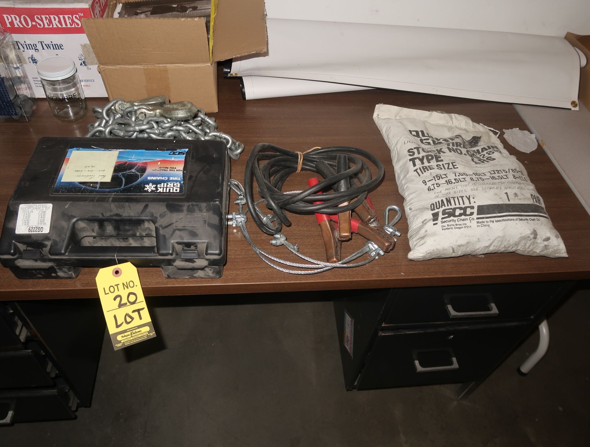 LOT TIRE CHAINS, CHAIN, JUMPER CABLES, WINE RACK, DESK, TABLE, PACKAGING SUPPLIES, ETC.