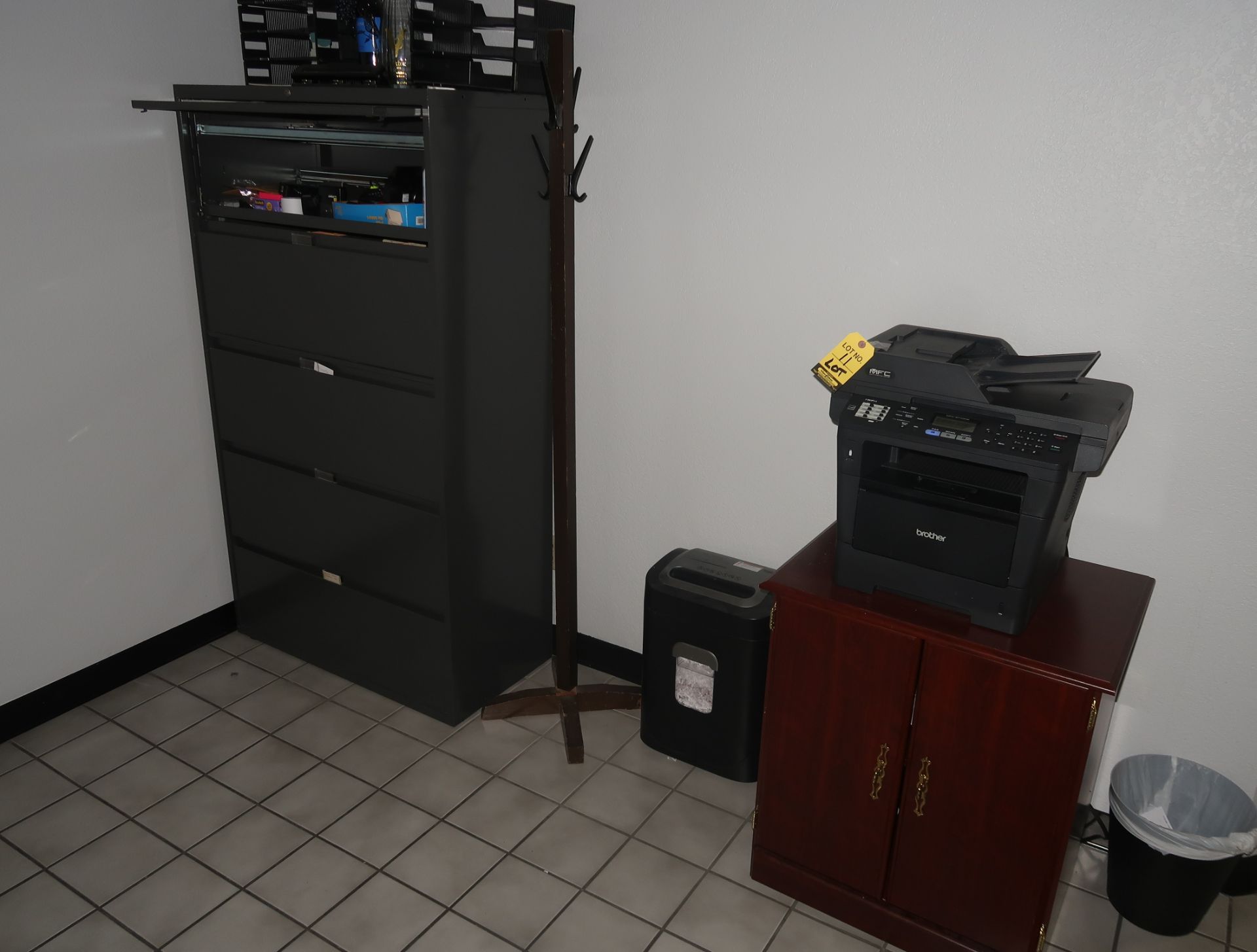 BROTHER PRINTER, ROYAL SHREDDER, 5-DR FILING CABINET W/OFFICE SUPPLIES, COAT TREE, ETC.