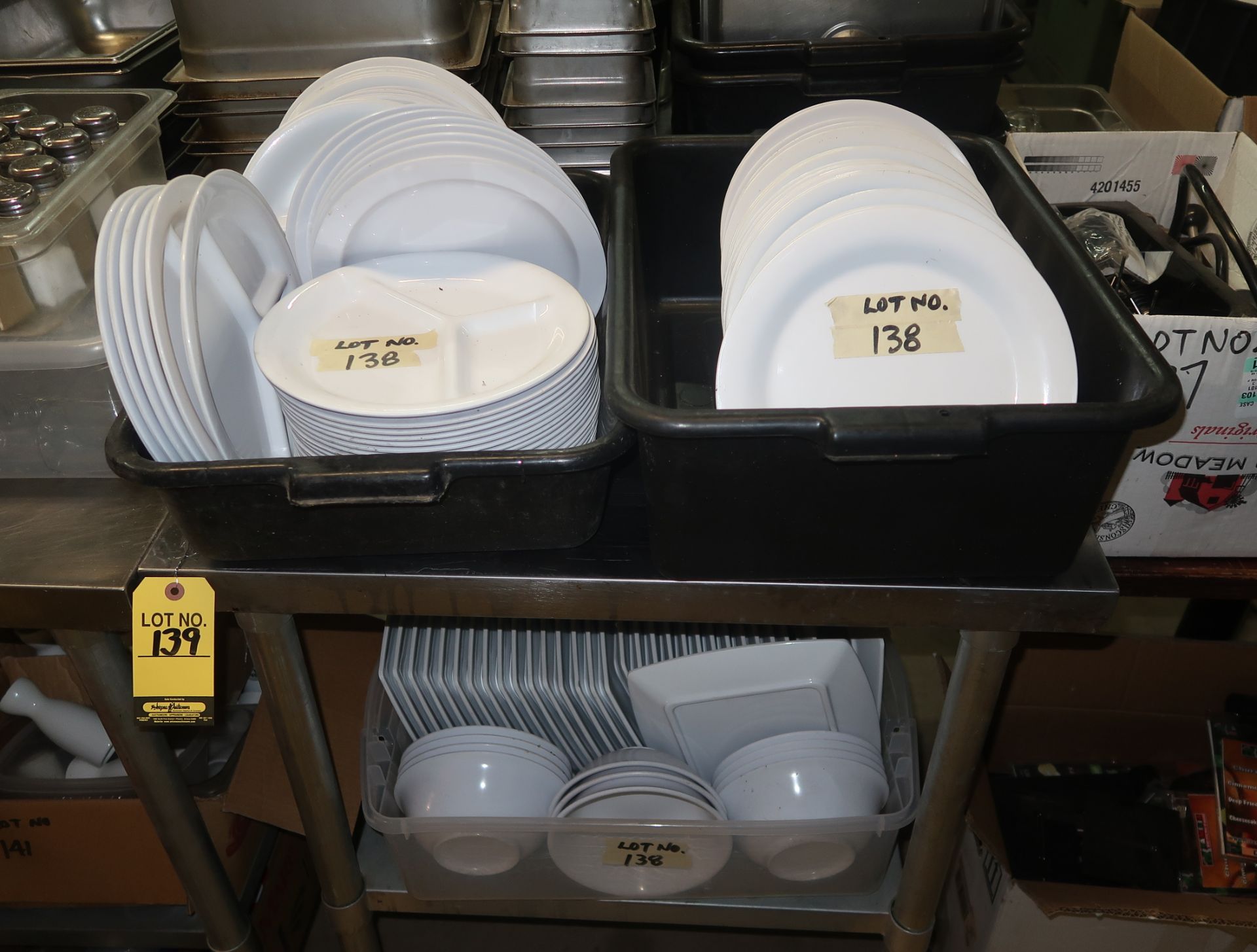 LOT 3-BINS, DISHES, SALT & PEPPER SHAKERS, ETC.