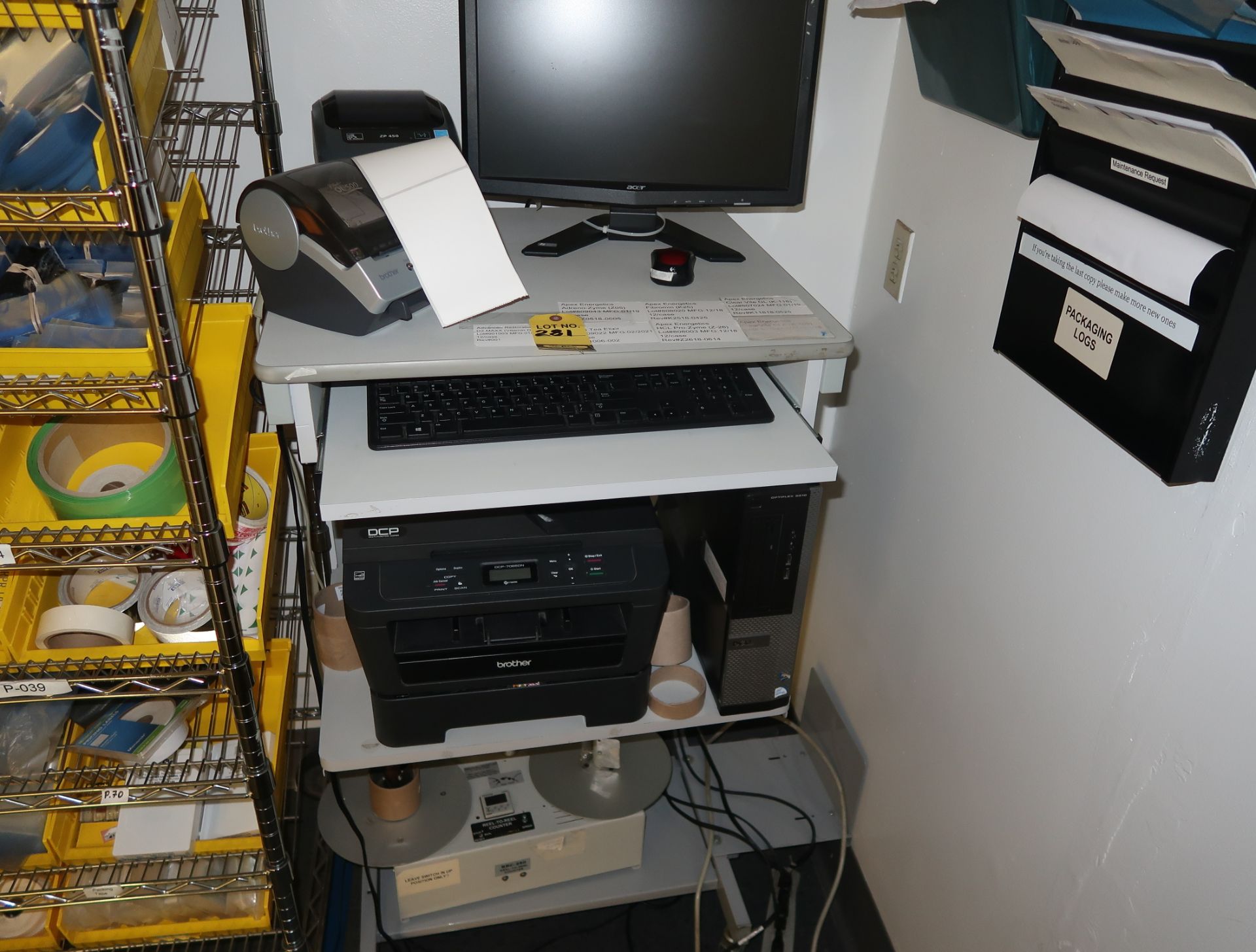 LOT COMPUTER, PRINTERS, ZEBRA & BROTHER LABLE PRINTERS, STAND, ETC.