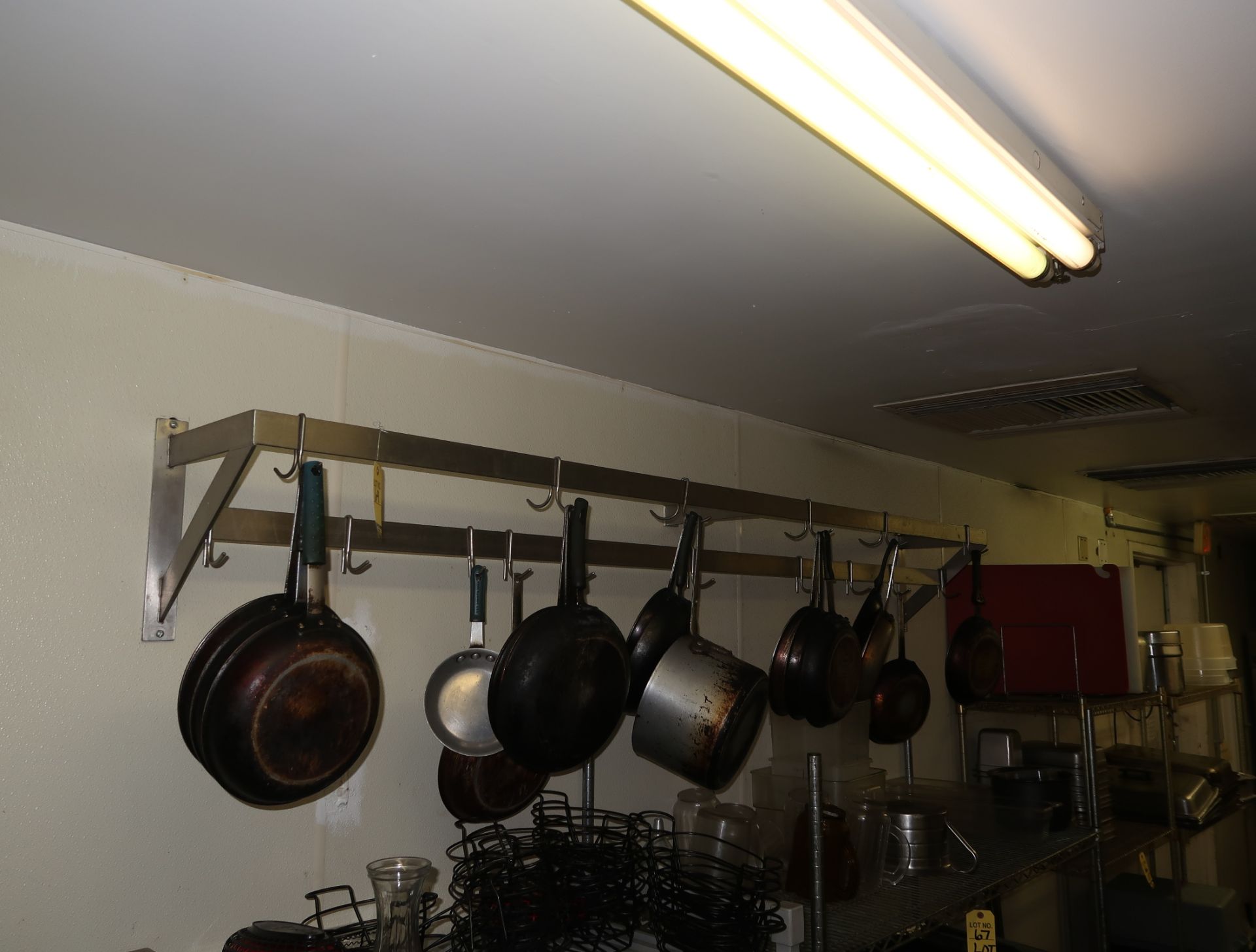 PAN RACK W/PANS, SKILLETS, ETC.