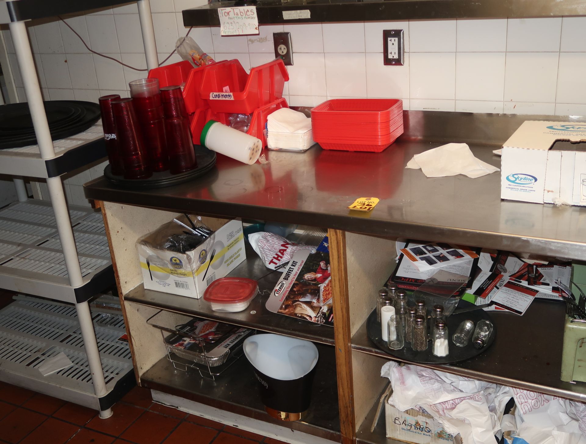 PLASTIC STORAGE RACKS W/CONTENTS, 2-SS TABLES W/CONTENTS, WARMING LAMP - Image 2 of 6