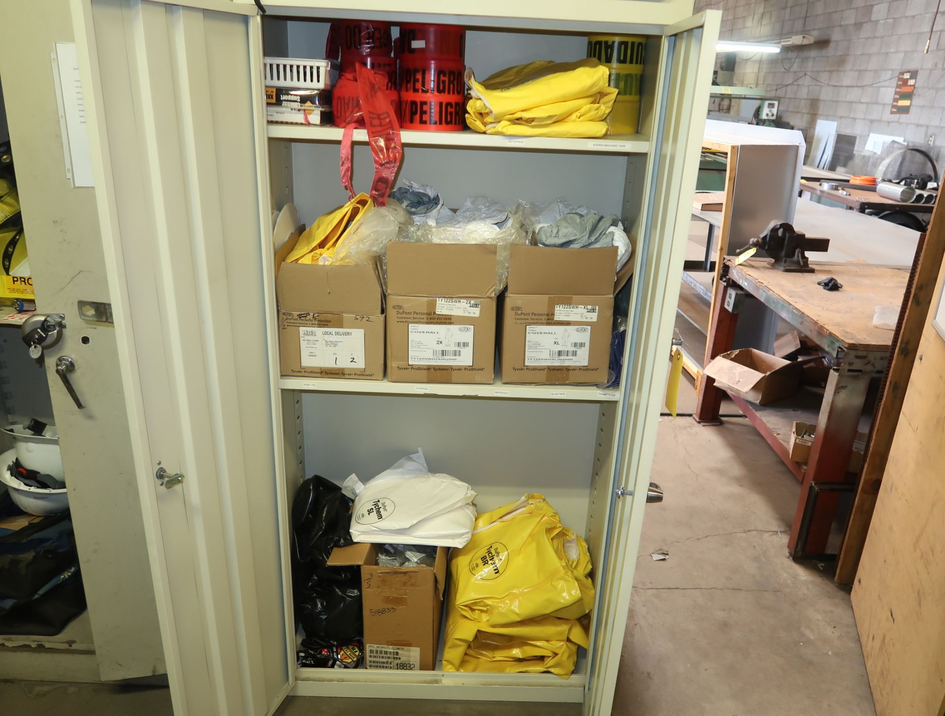 SUPPLY CABINET W/CONTENTS, COVERALLS, TYCHEM SUITS, DANGER TAPE - Image 2 of 2