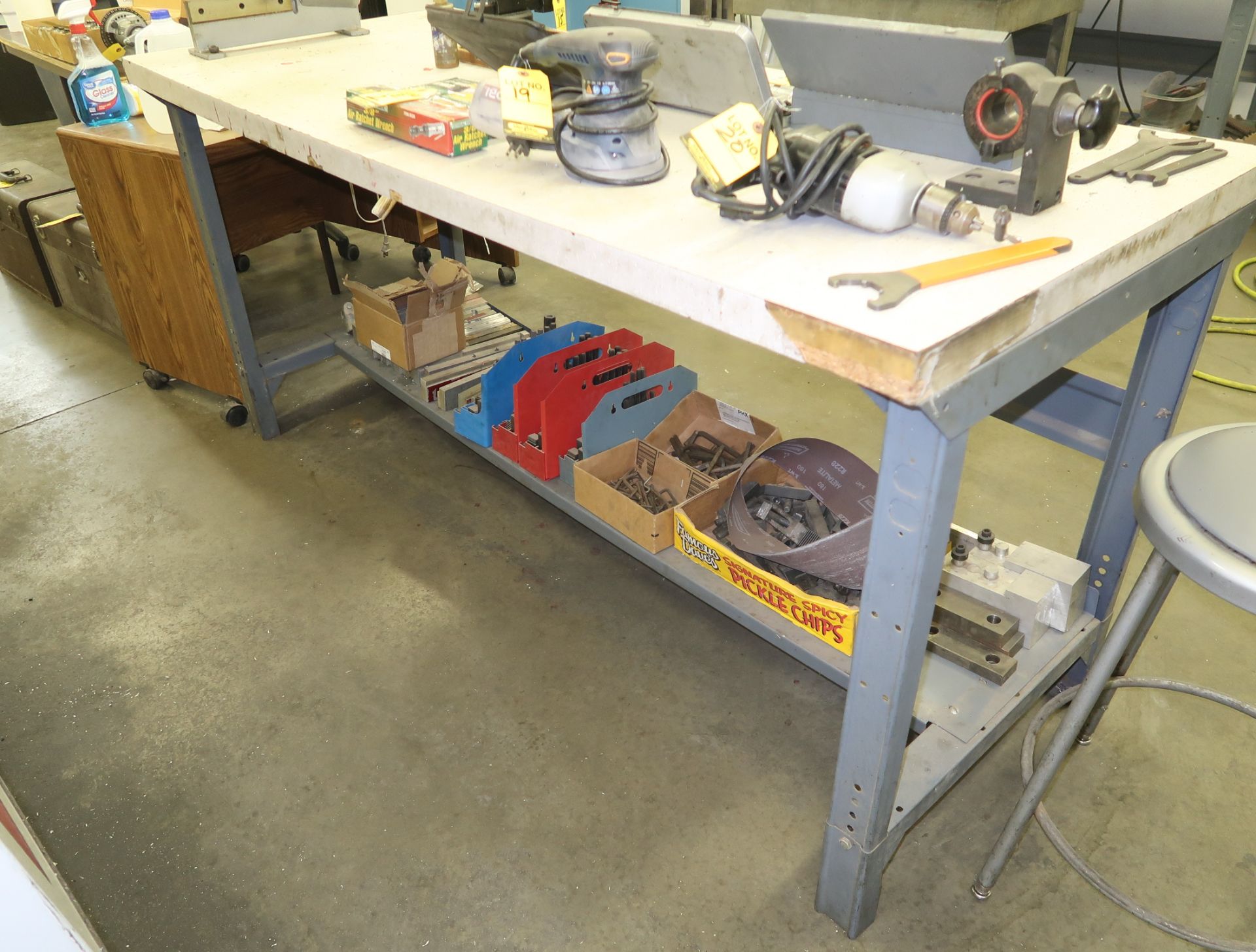 LOT SHOP TABLE W/ TOOL CLAMP KITS, ETC. UNDER TABLE