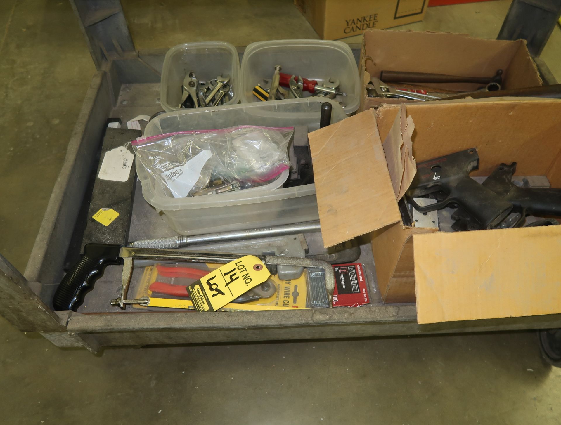 LOT CONTENTS ON BOTTOM OF CART, WRENCHES, SAWS, ETC.