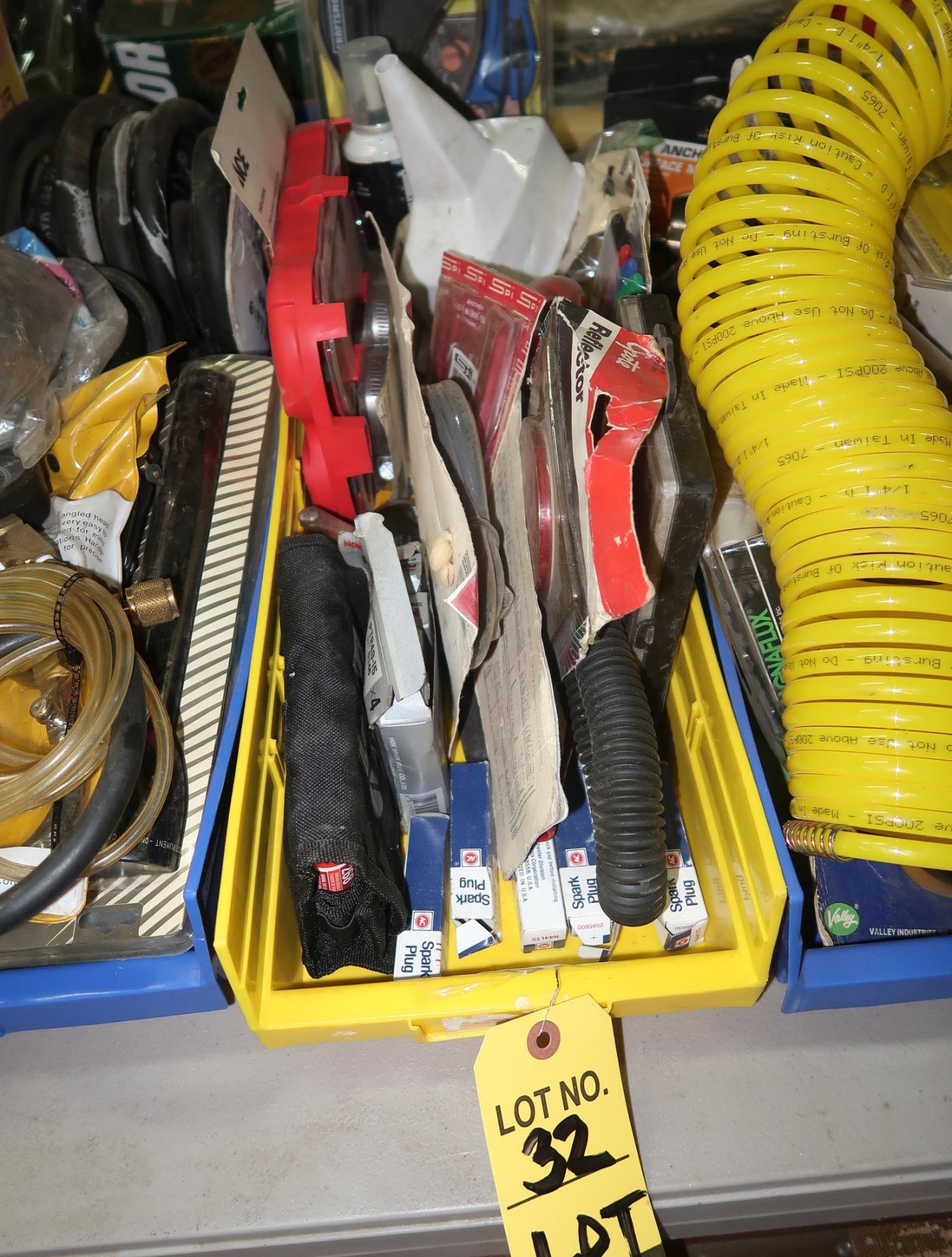 LOT SPARK PLUGS, CLAMPS, FILTER WRENCHES, ETC.