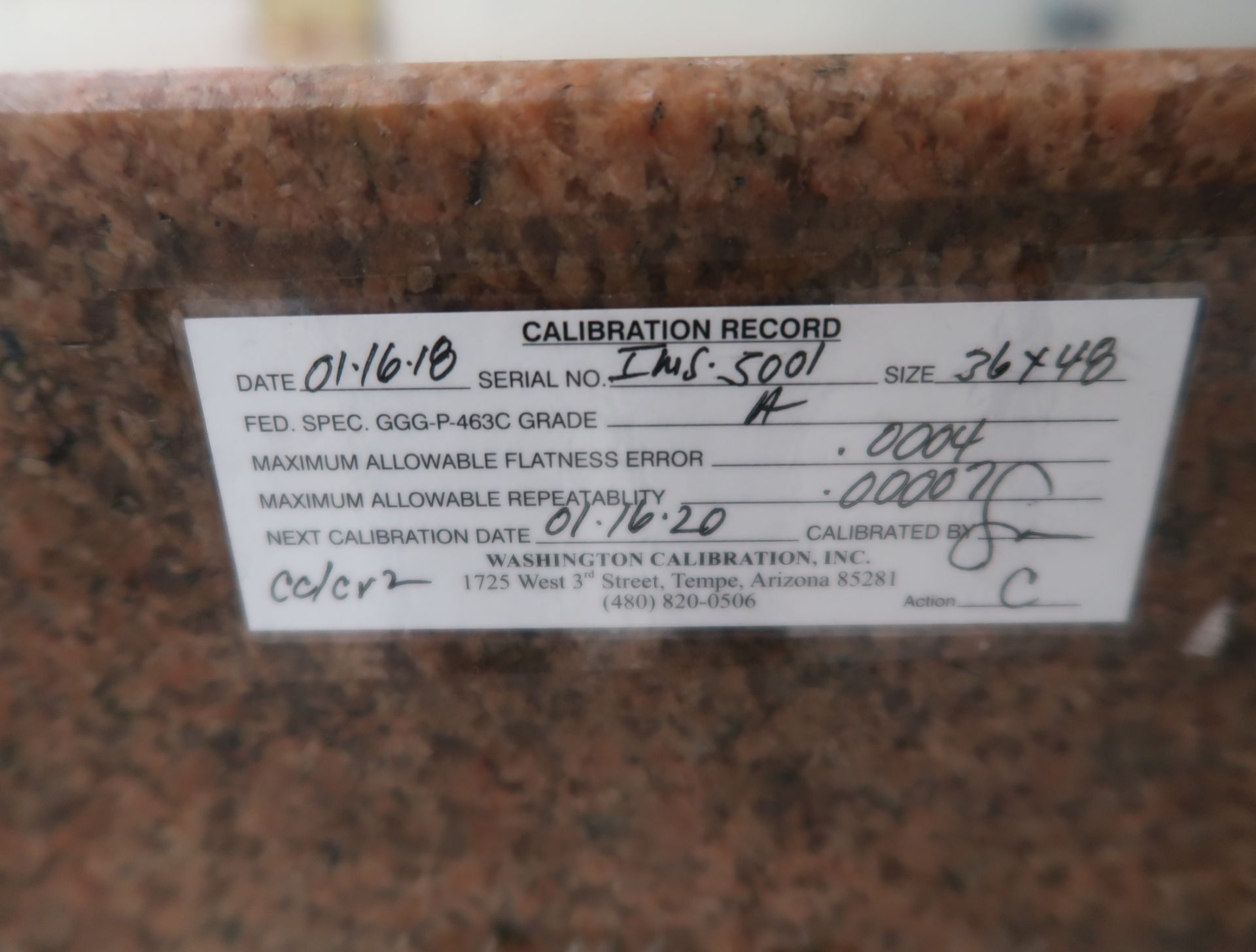 STARRETT 36" X 48" X 7" PINK GRANITE SURFACE PLATE, GRADE A, DUE FOR INSPECTION 1-16-20 - Image 2 of 2