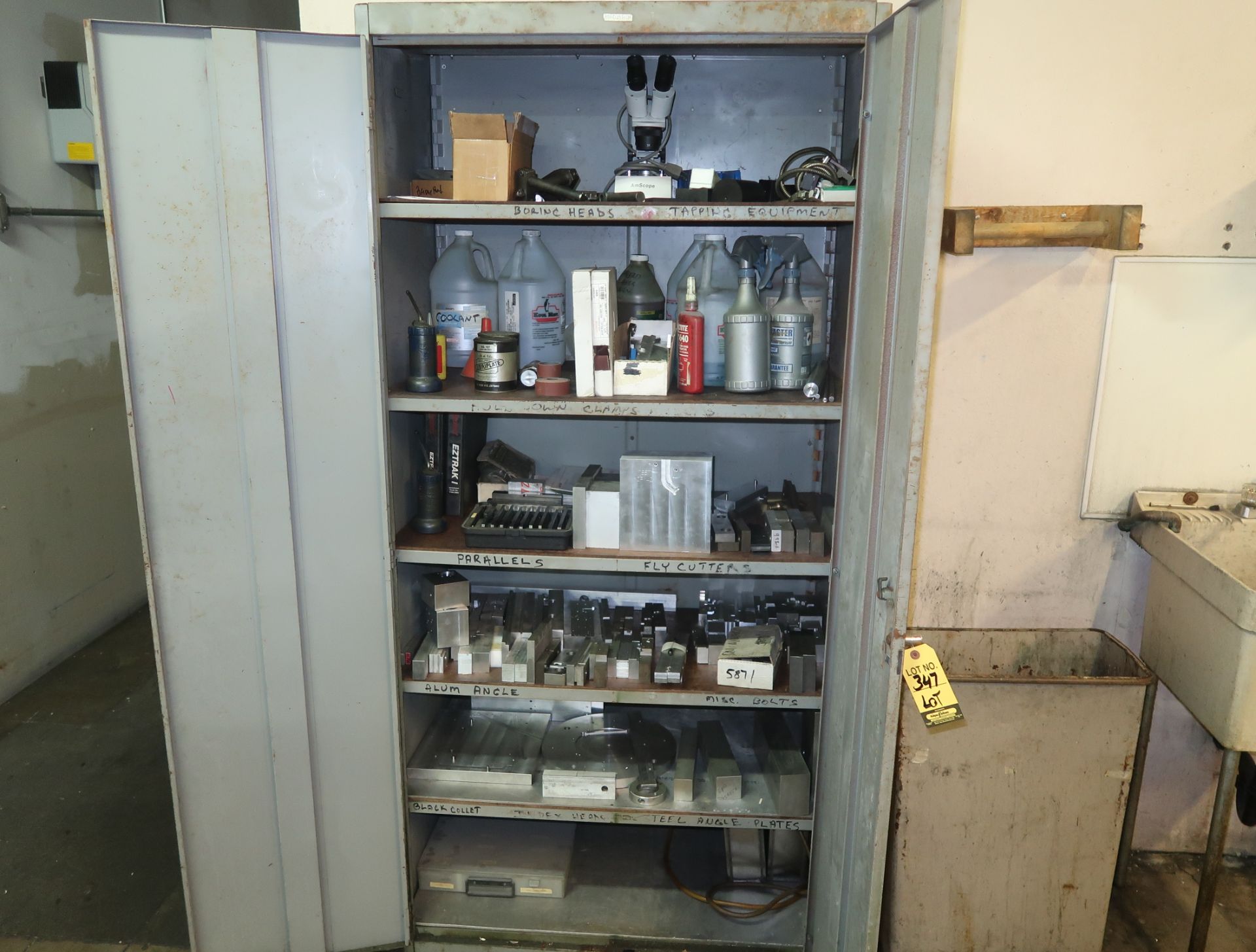 LOT SUPPLY CABINET WITH CONTENTS, VISE JAWS, PARALLELS, ETC.