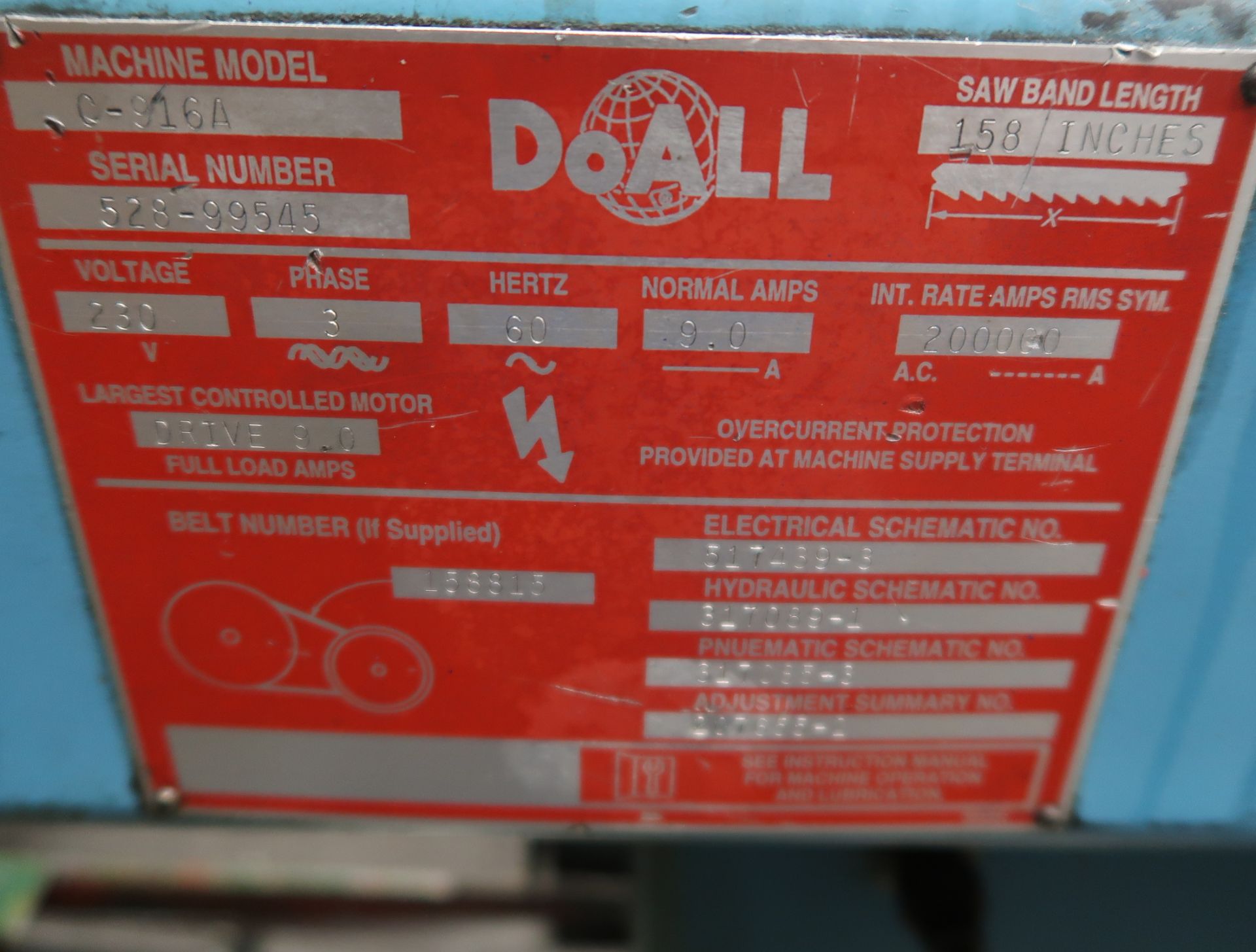 DOALL C-916A AUTOMATIC HORIZONTAL BAND SAW, 230V 3PH, SN. 528-99545 - Image 2 of 2