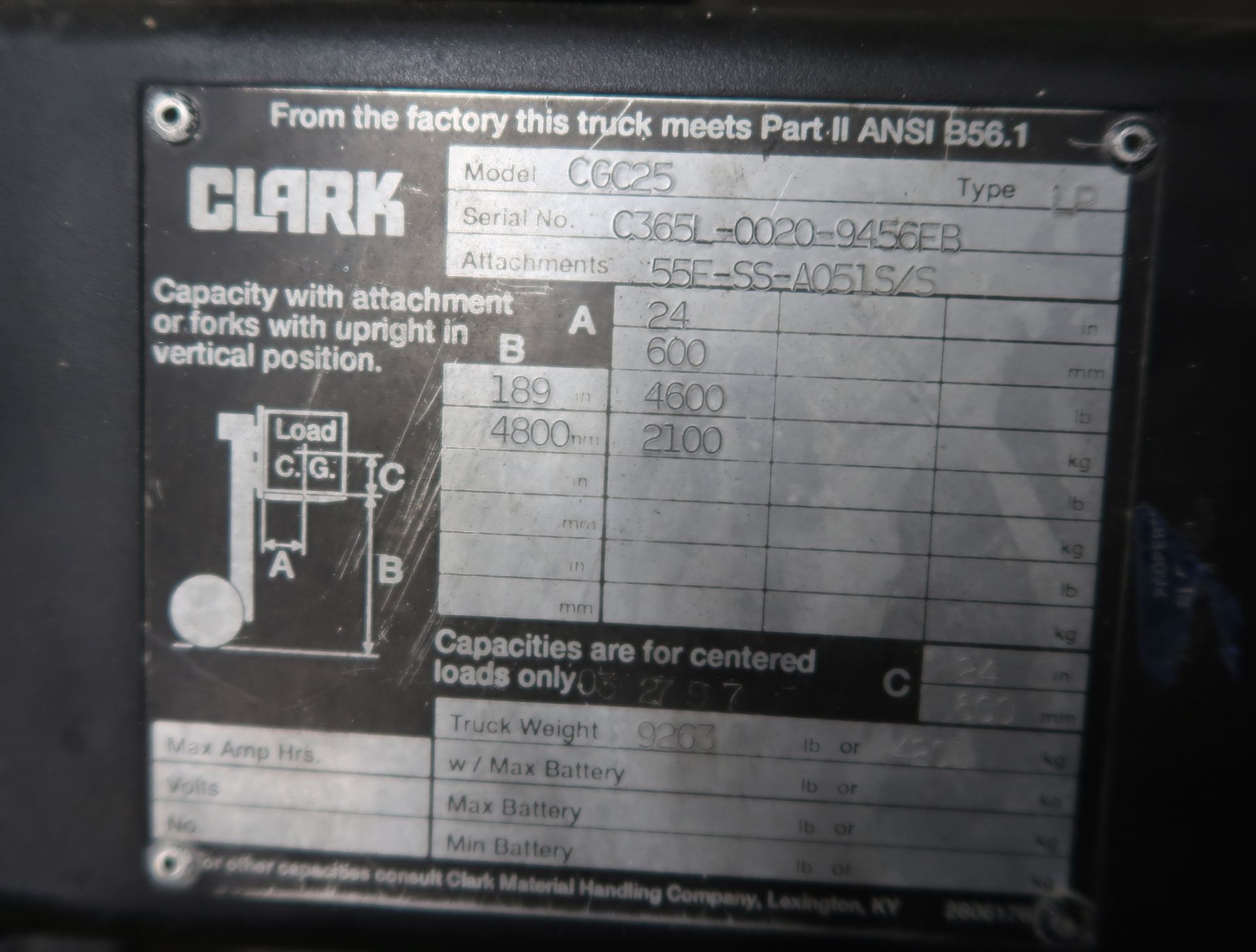 CLARK MDL. CGC25 PROPANE FORKLIFT, TRI-MAST, SIDE-SHIFT, CUSHION TIRE, SN. C305L-0020-4051S/S - Image 3 of 5