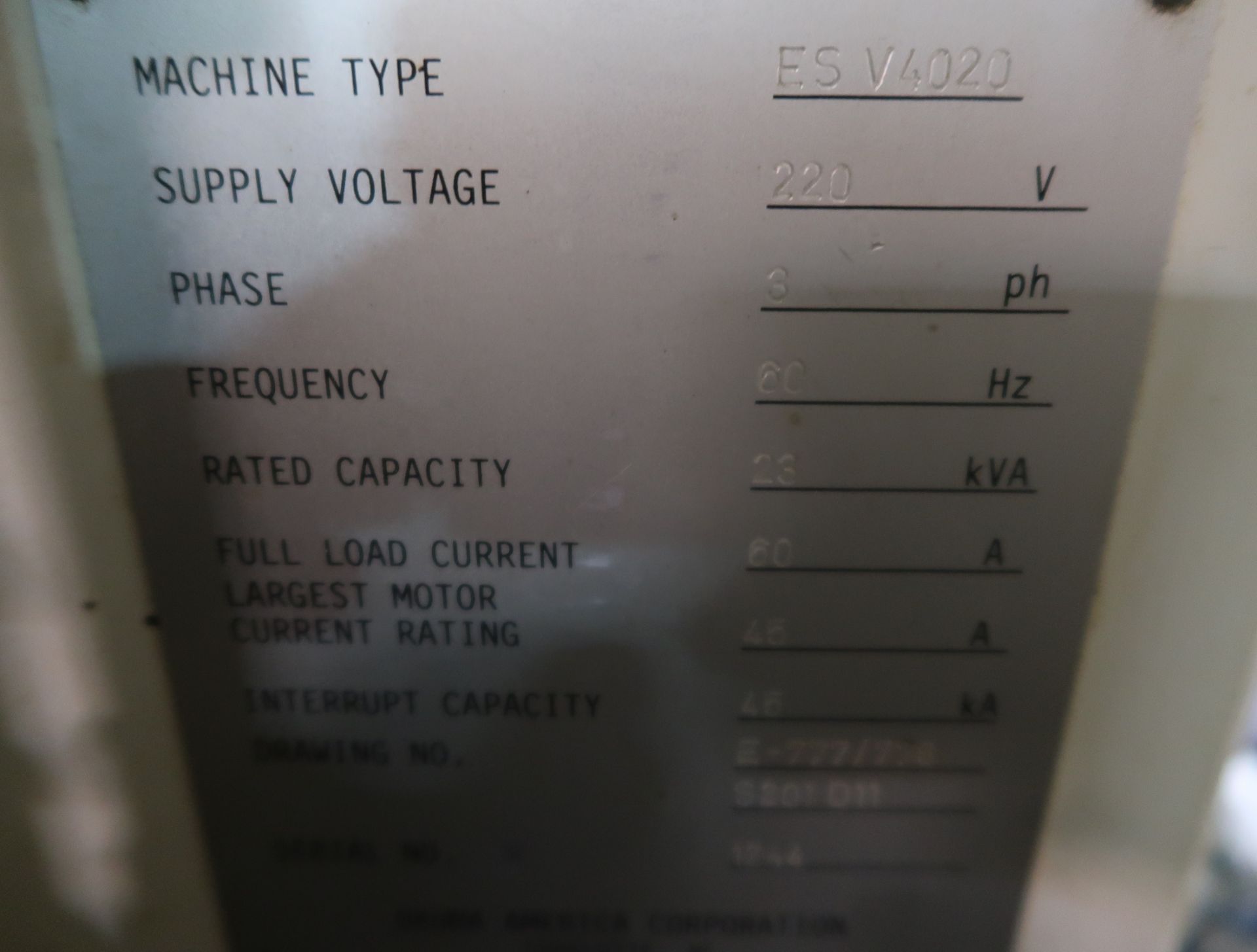 2002 OKUMA ES-4020 CNC VERTICAL MACHINING CENTER, OSP-10M CONTROL, SN. 1244 - Image 5 of 6