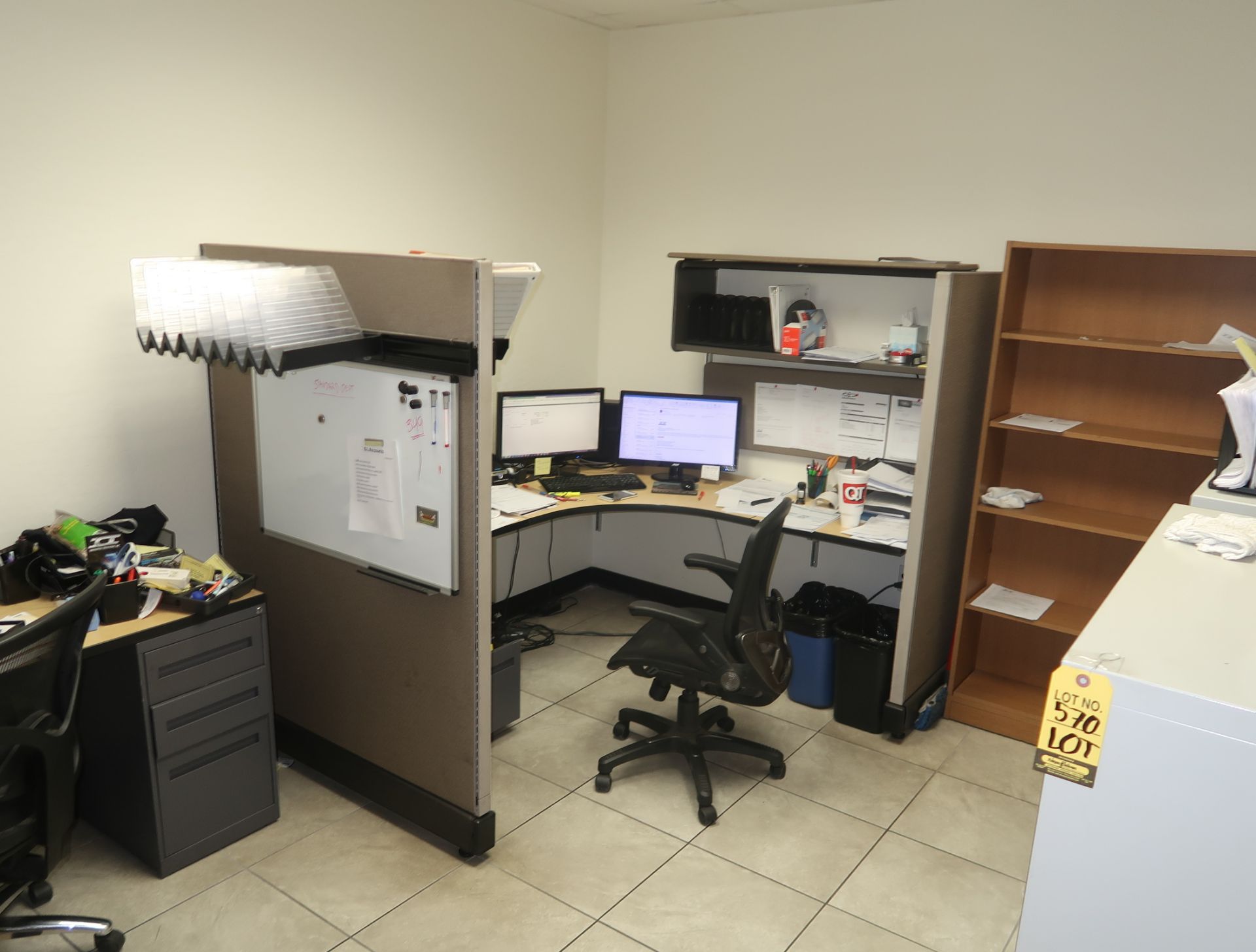 FILING CABINETS, BOOKCASE, CUBICLE WALLS, DESK, CHAIRS (NO ELECTRONICS)