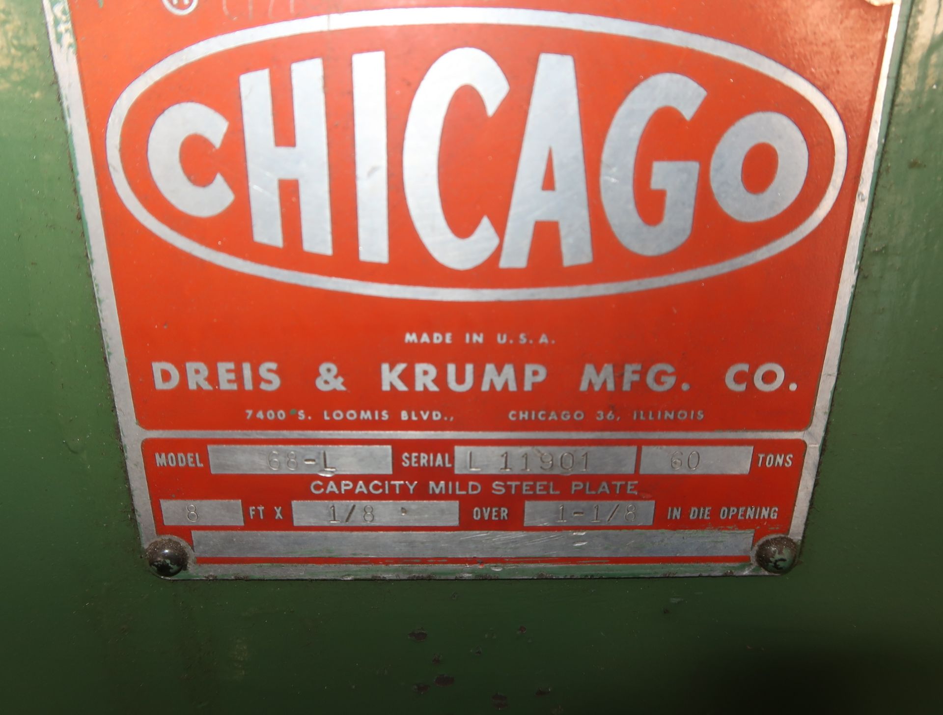 CHICAGO 8' X 60TON PRESS BRAKE MDL. 68L SN. L11901 - Image 2 of 3