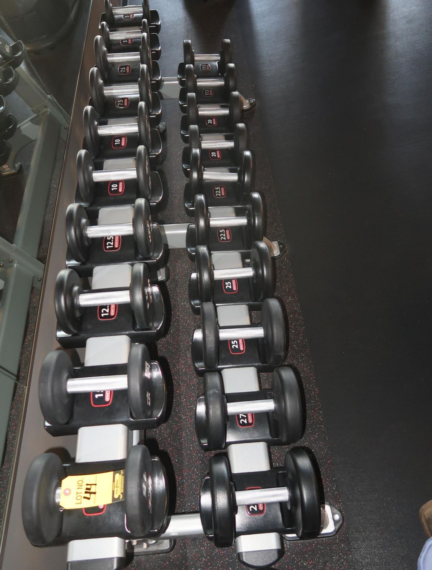 LOT DUMBBELL RACK W/DUMBBELLS, 5, 7.5, 10, 12.5, 15, 17.5, 20, 22.5, 25, 27.5 (ALL SETS OF 2)