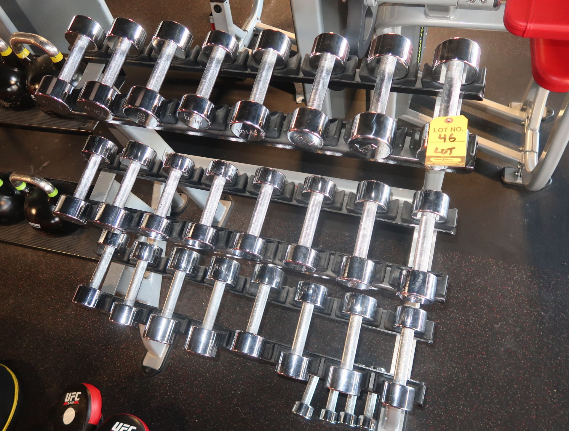 LOT CHROME DUMBBELLS W/RACK, RANGING FROM 8# - 12#