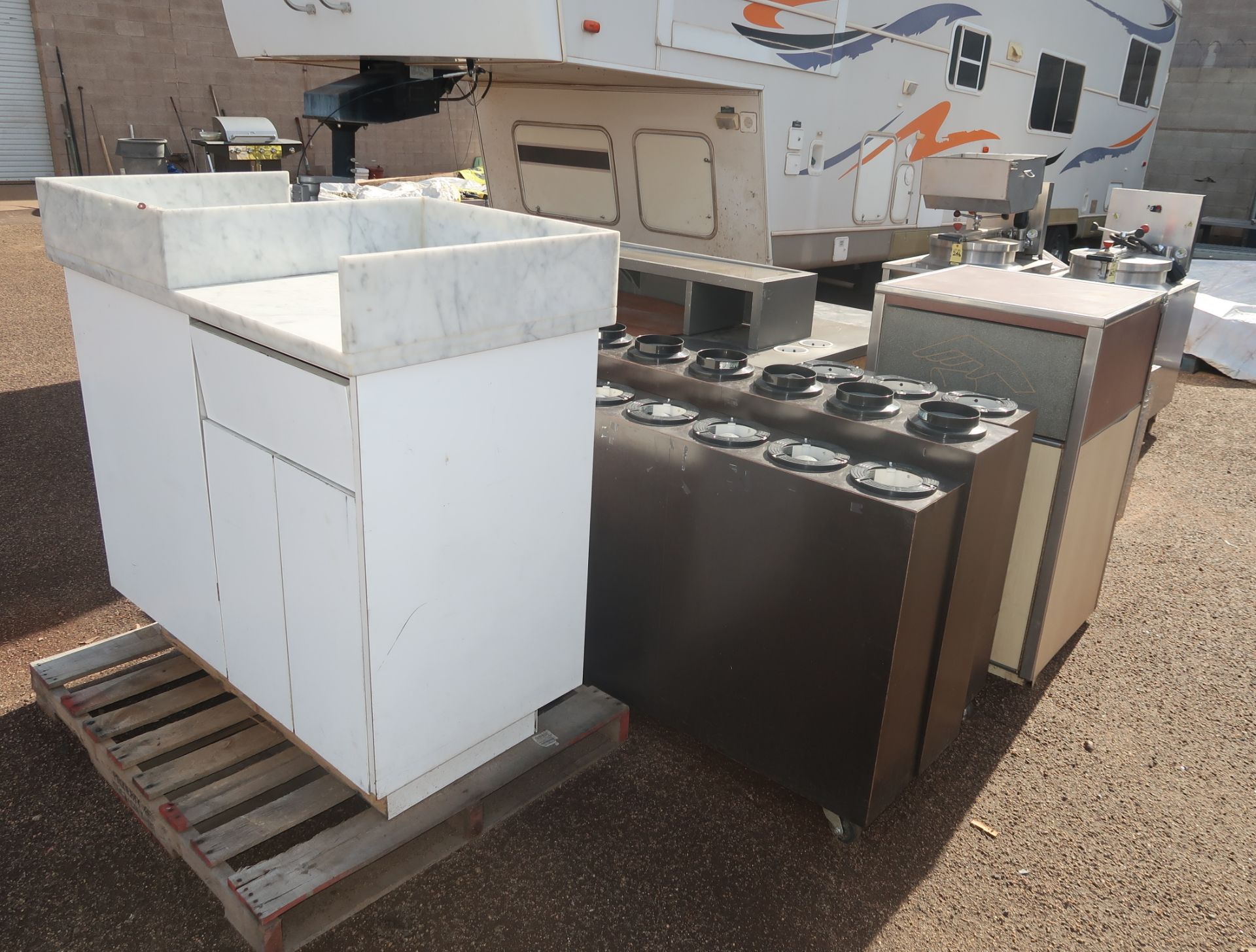 TRASH STATION W/ GRANITE COUNRER TOPS CUP DISPENSERS, CONDIMENT STANDS