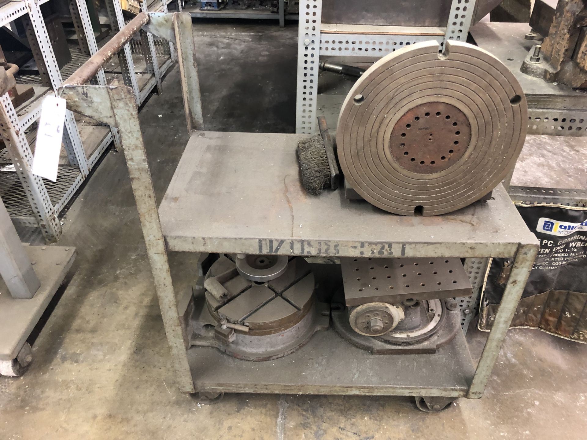(LOT) 2 ROTARY TABLES, 1 ANGLE PLATE, SHOP CART