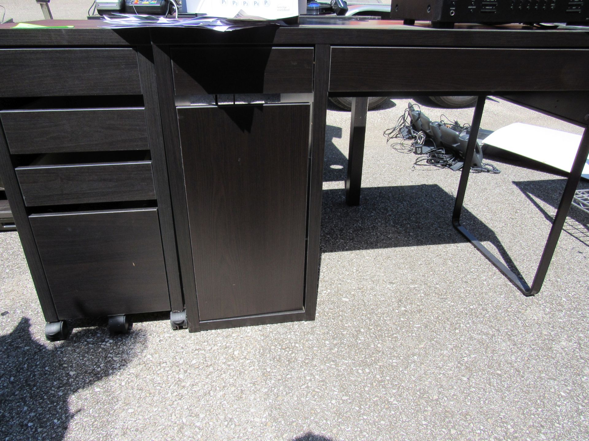 Office furniture: ebony finish corner desk, filing cabinet, and secretarial desk