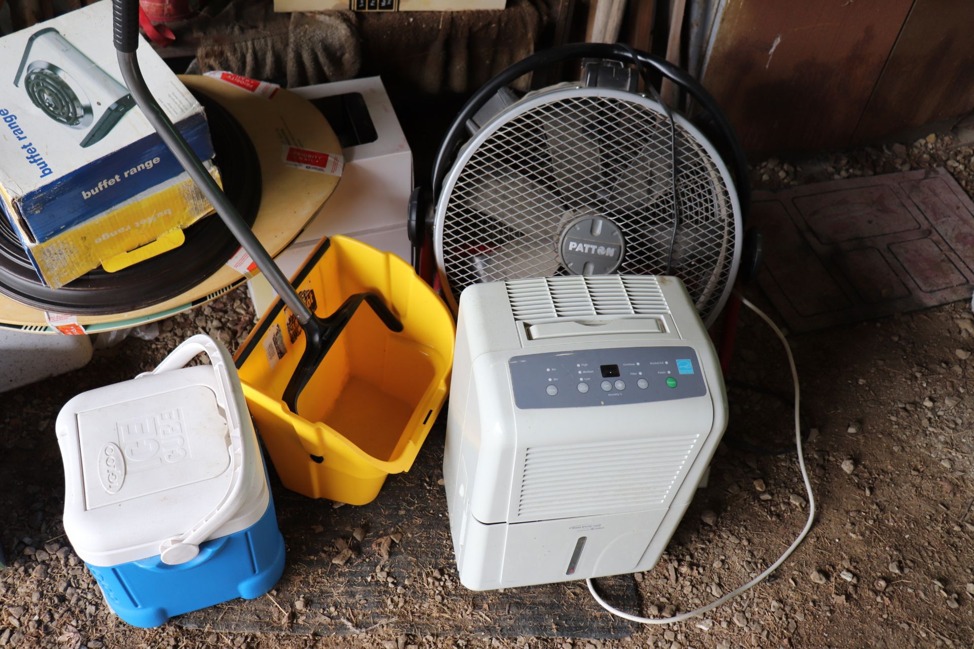 Fan, dehumidifier, mob bucket and cooler