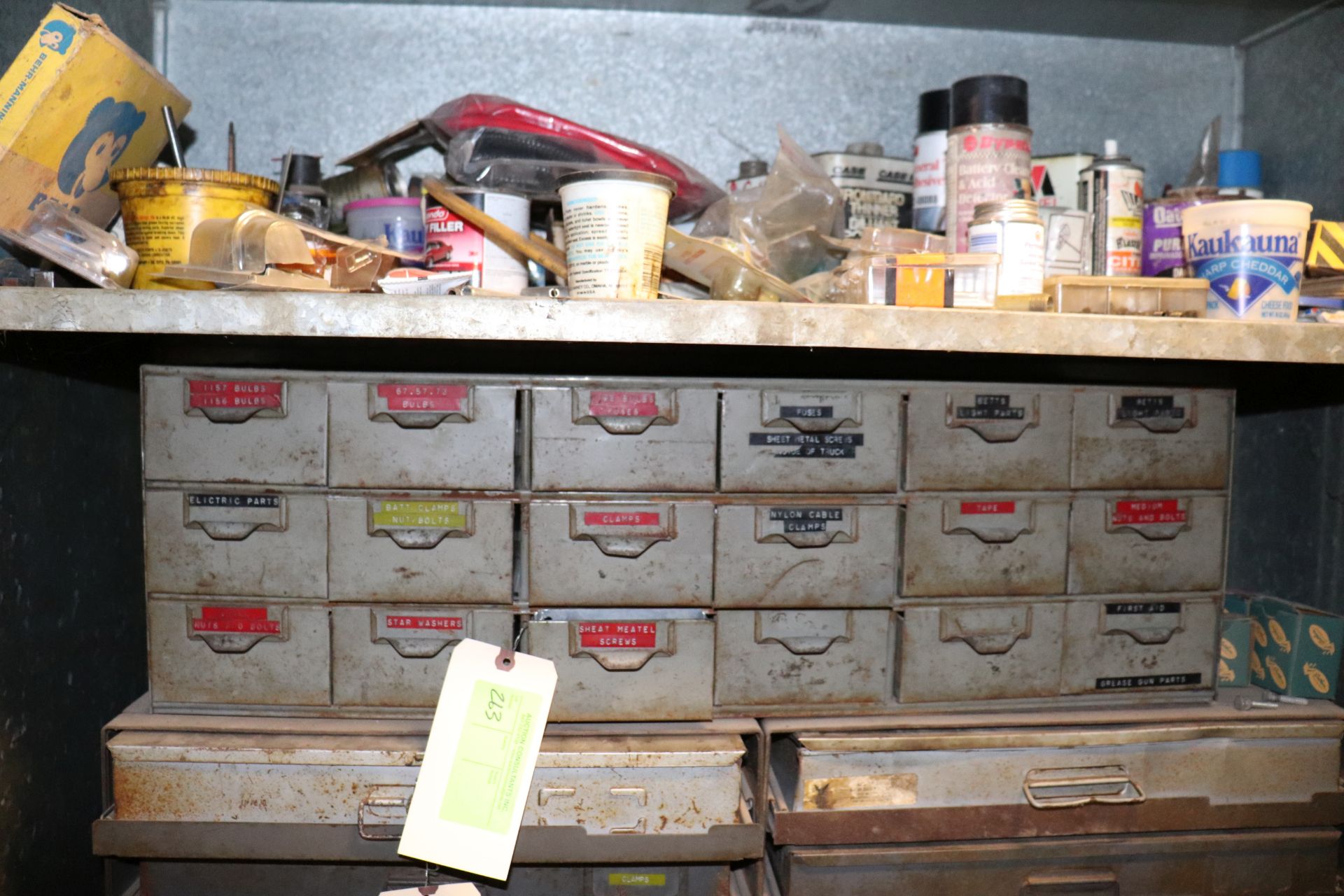 Eighteen-drawer parts bin with parts