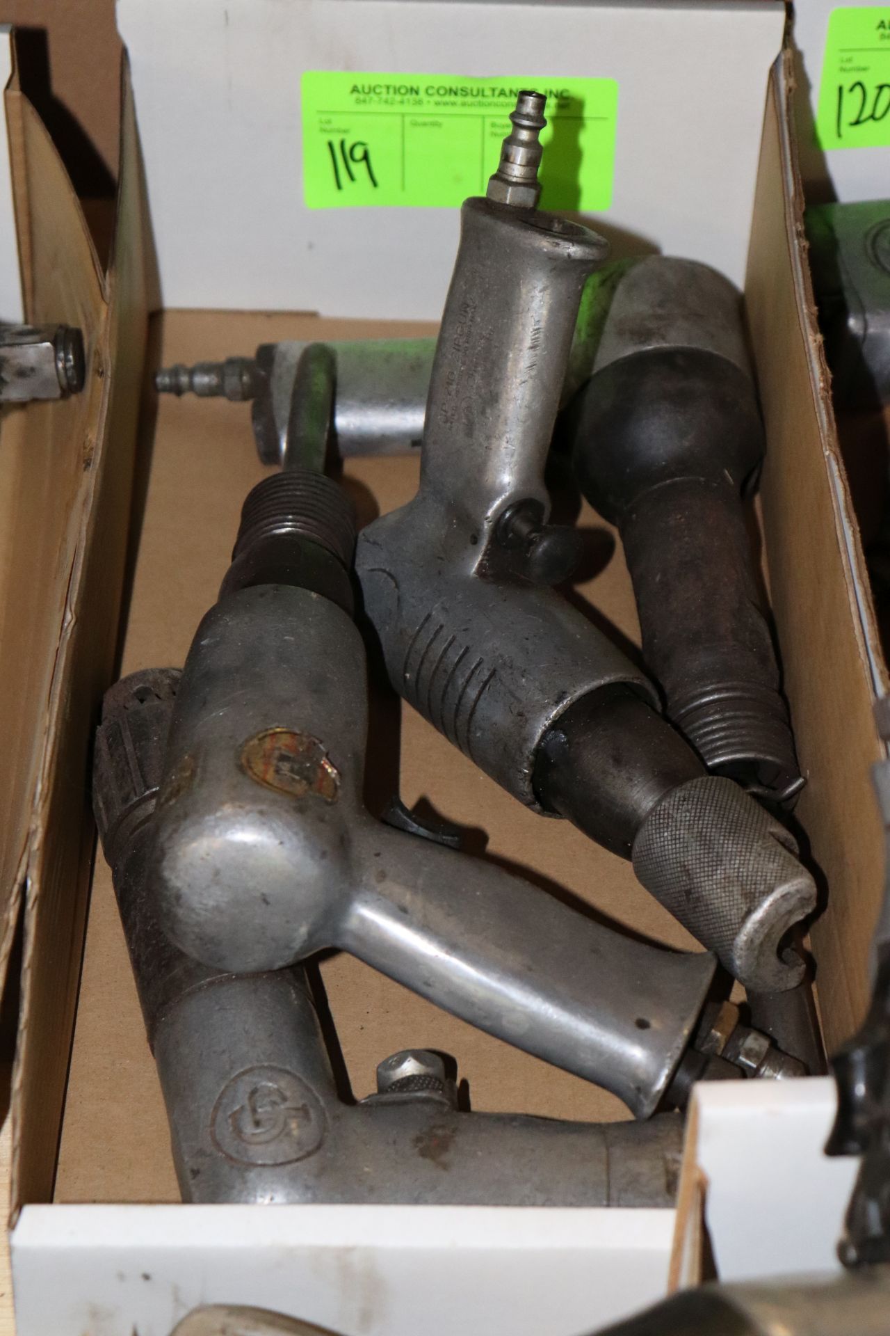 Two Chicago pneumatic air hammers, one drill, and one miscellaneous air hammer