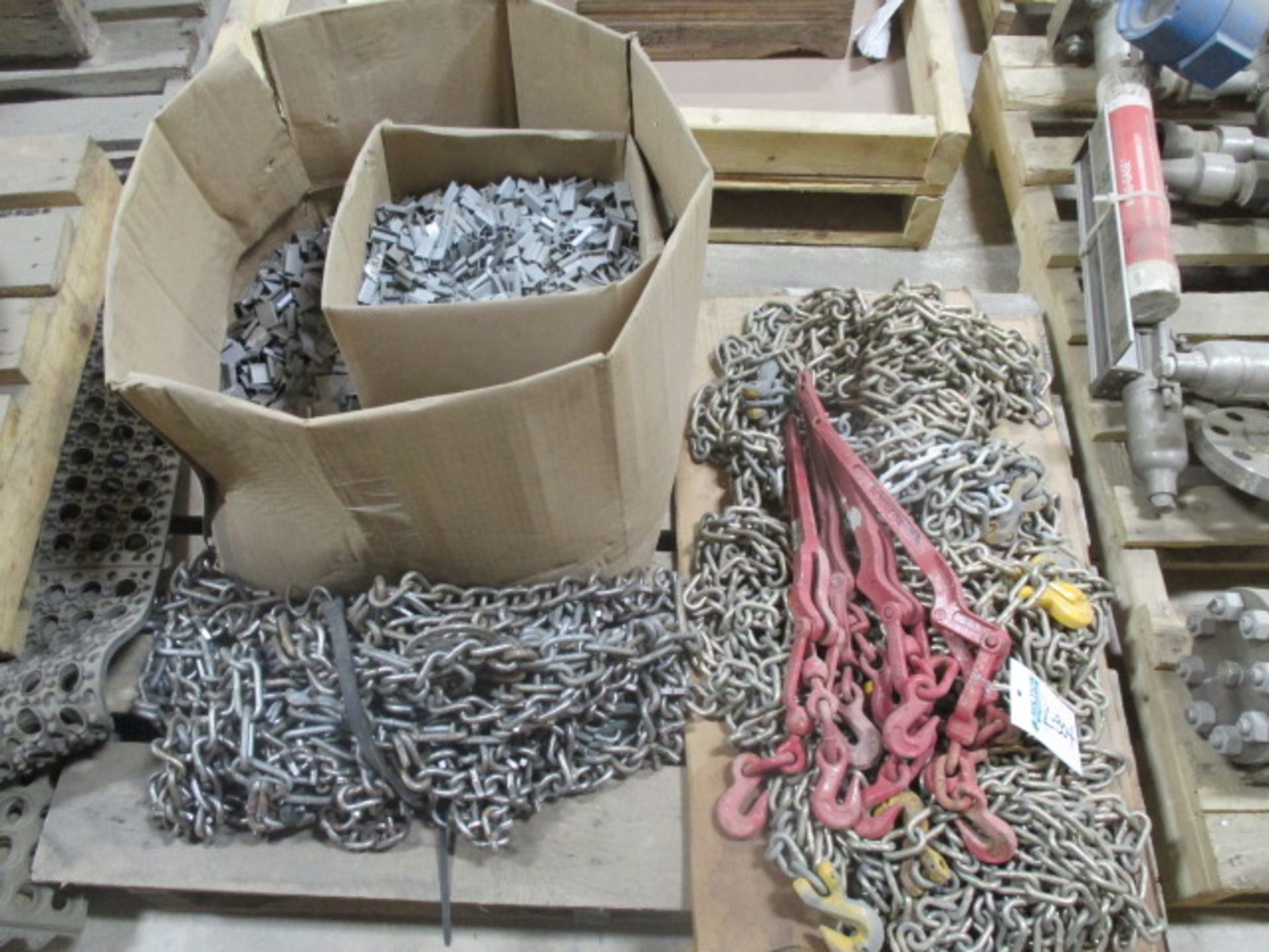 Skid Lot of Banding Clamps, Tire Chains, 4 Come A Longs and Tie Down Chains