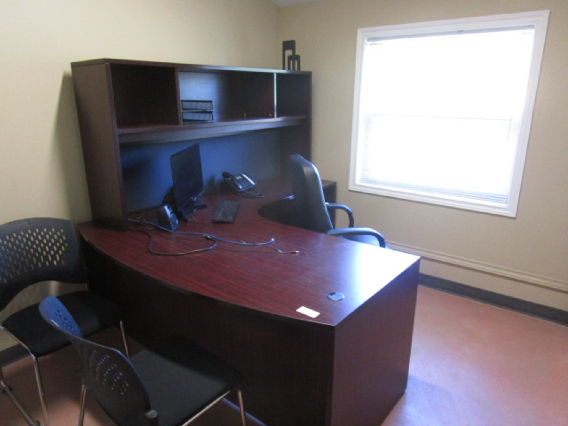 Complete Office Contents - includes Desk with Overshelf, 3 Chairs, 4 Door lateral filing cabinets,