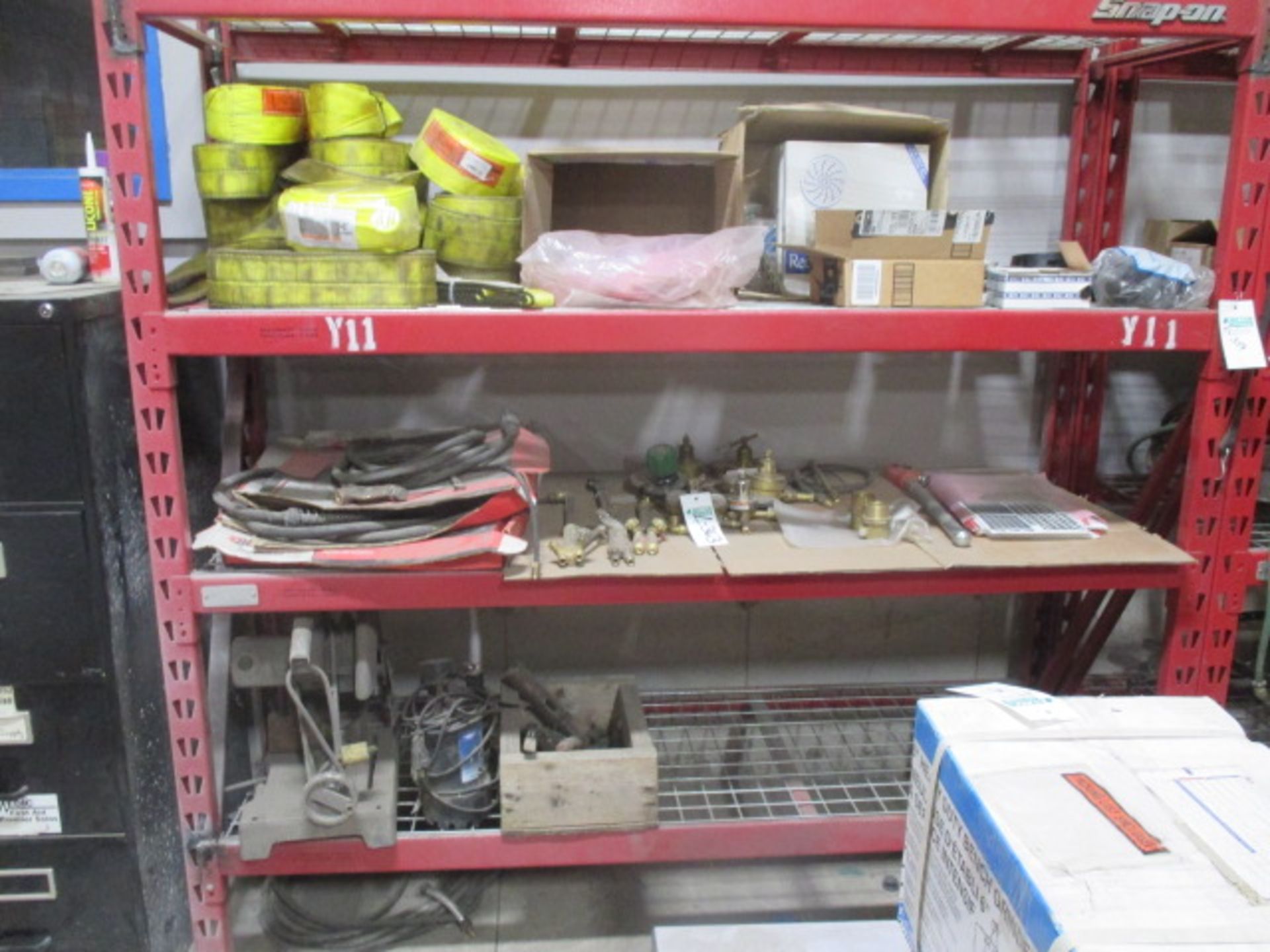 3 Shelf of Slings, Torches, Gauges, Chop Saw, Etc