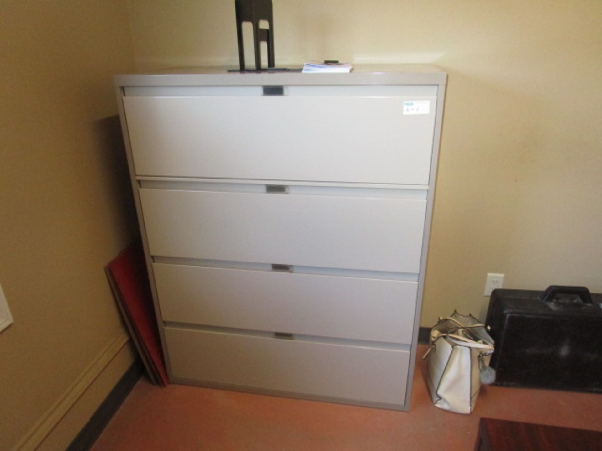 Complete Office Contents - includes Desk with Overshelf, 3 Chairs, 4 Door lateral filing cabinets, - Image 2 of 5