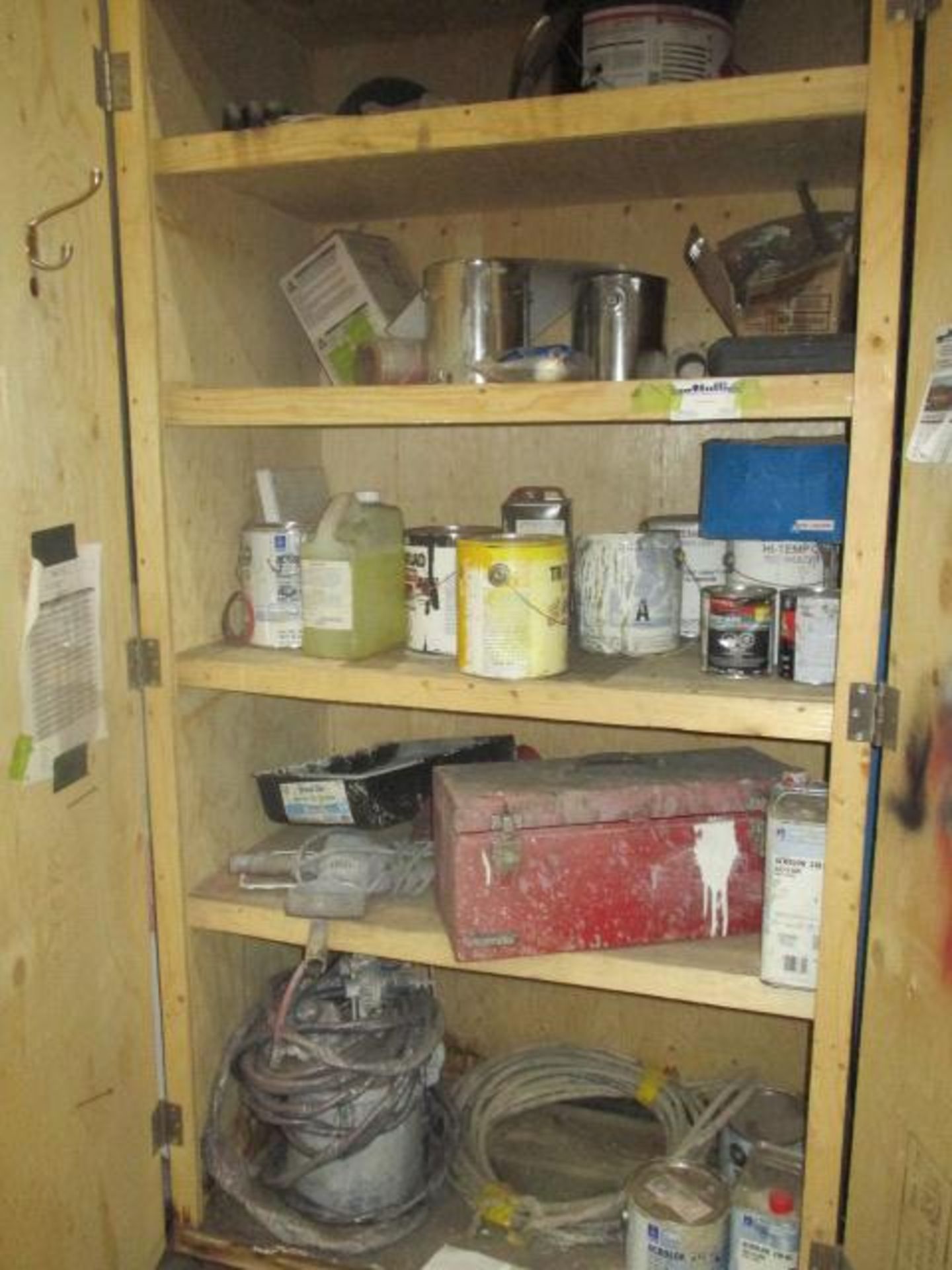 2 Door Wooden Cabinet and Contents ( paint sprayer, toolbox, drill, etc)