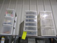 Top Shelf of Plastic Drawers, with Safety Vest/Dust Mask/ Angle Measurer/ Wire/Snips/ Paint