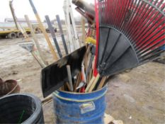 Barrel of Rakes, Handles, Shovels, Brooms, &, Misc.