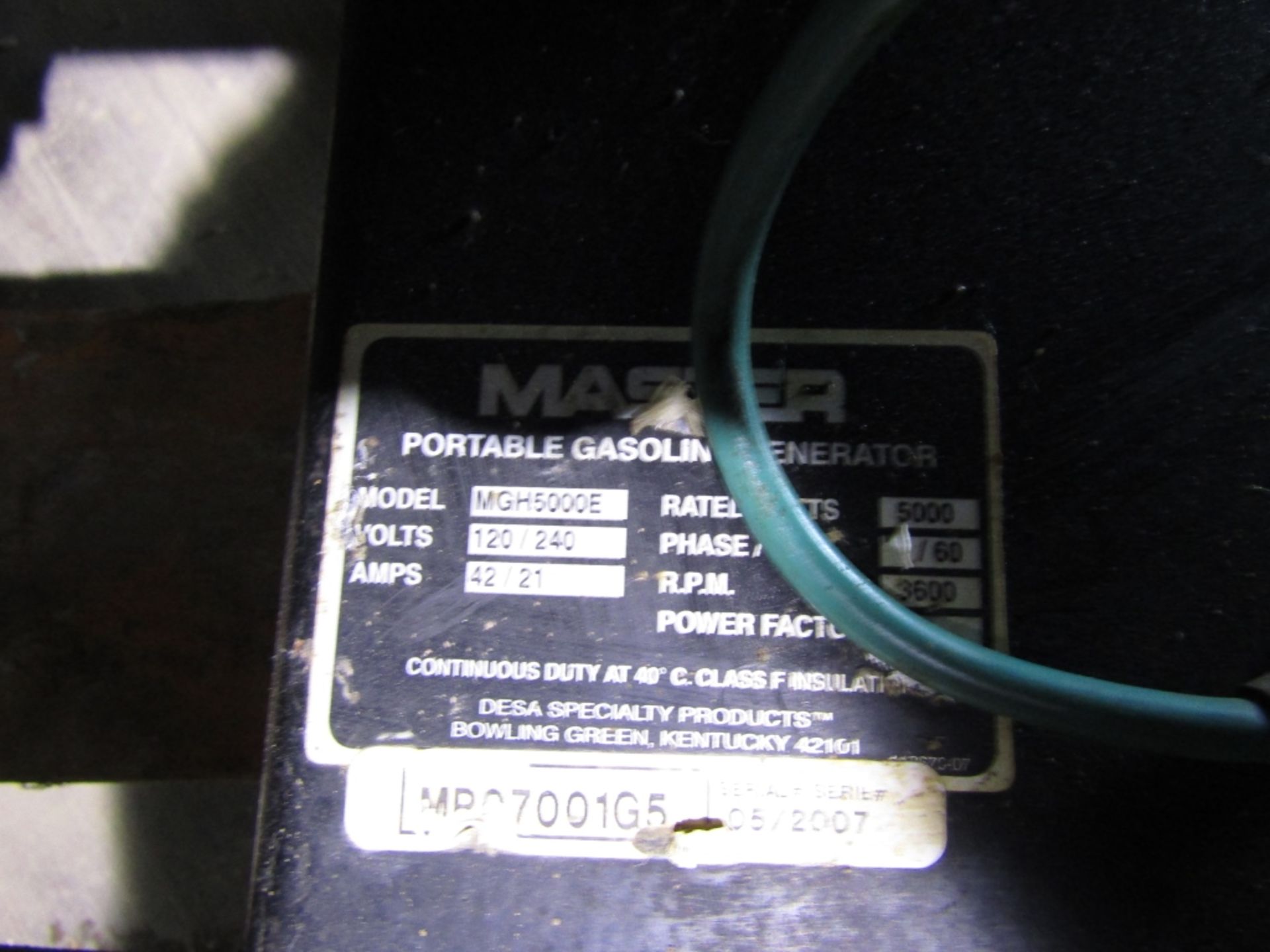 Master 5000 Generator, Model # MGH5000E, Serial # MPO7001G5, 3600 RPM, 120/240 Volt, Located in - Image 4 of 4