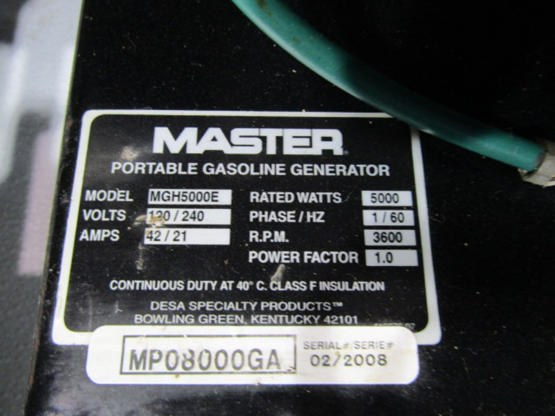 Master 5000 Generator, Model # MGH5000E, Serial # MPO8000GA, 3600 RPM, 120/240 Volt, Located in - Image 4 of 5