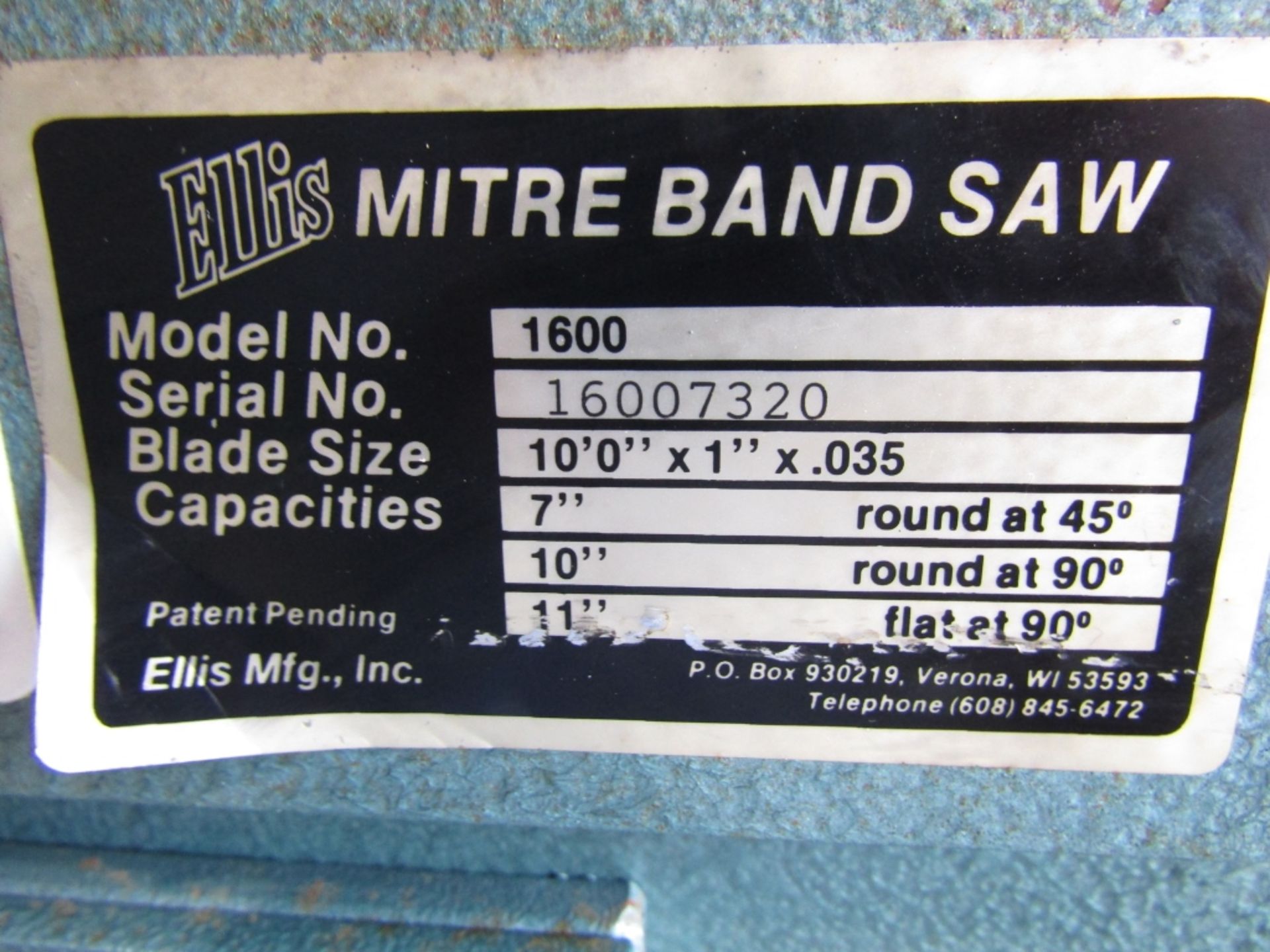 Ellis Mitre Band Saw, Model # 1600, Serial # 16007320, Blade Size 10" x 1" x .035, Cuts 7" @ 45 - Image 4 of 4