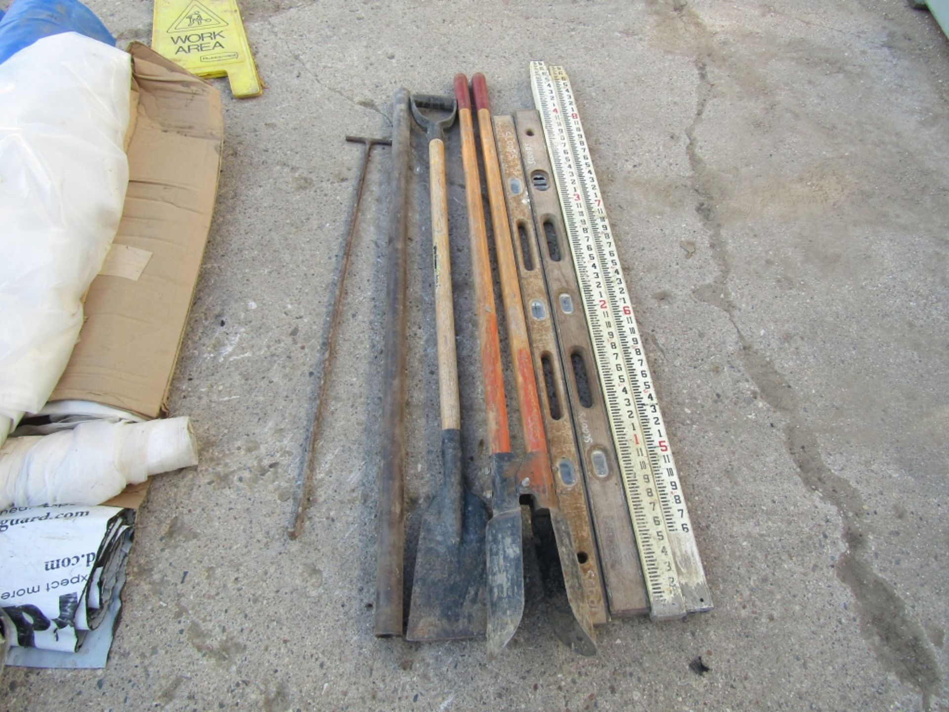 Assorted Levels, Site Rods, Scrapers, Hole Digger (2) Levels, (2) Site Rods, (1) Post Hole