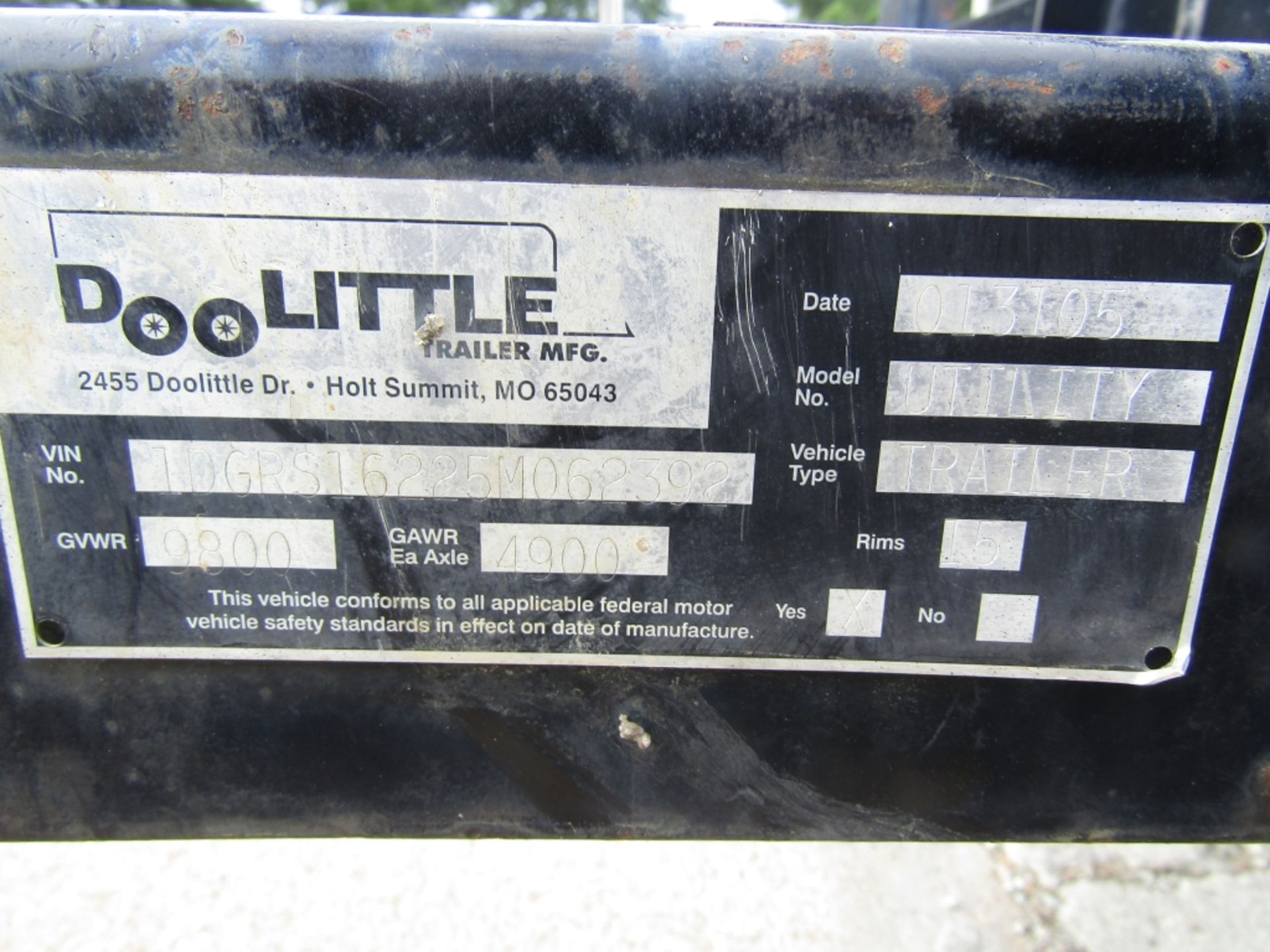 2005 Doolittle 6'5" x16' Trailer Flatbed Trailer Model #Utility, Vin# 1DGRS16225M062392, GVWR 9800# - Image 4 of 8