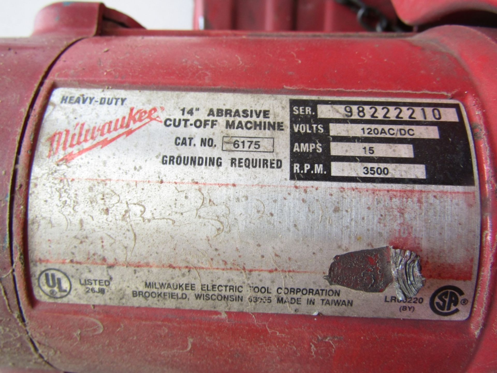 14" Milwaukee Cut Off Machine, Serial #98222210 120 Volt, 3500 R.P.M. - Image 2 of 2