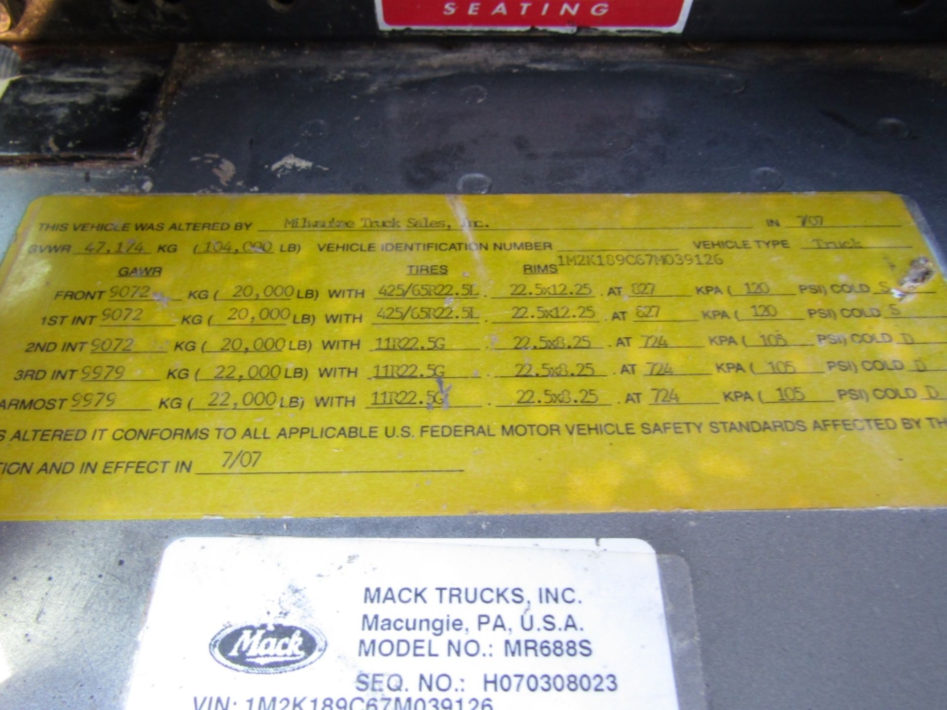 2007 Mack Pump Truck, Model RM688S VIN#1M2K189C67M039126, 148,294 miles, 13,835 hours, Maxitorque ES - Image 78 of 81