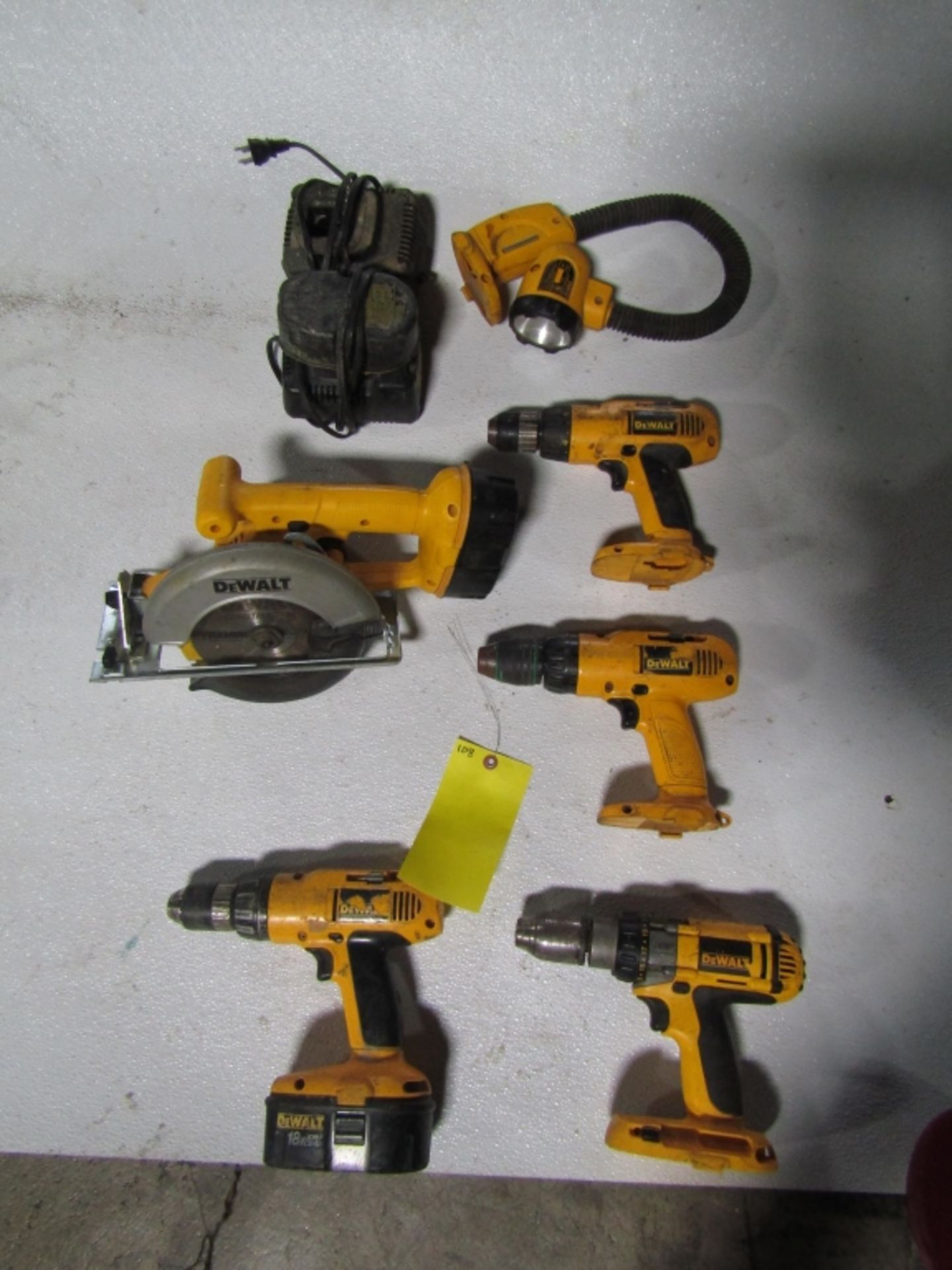 Set of Dewalt Electric Tools, (4)Drills, (1) Circular Saw, (2) Chargers & (1) Lantern, Located in