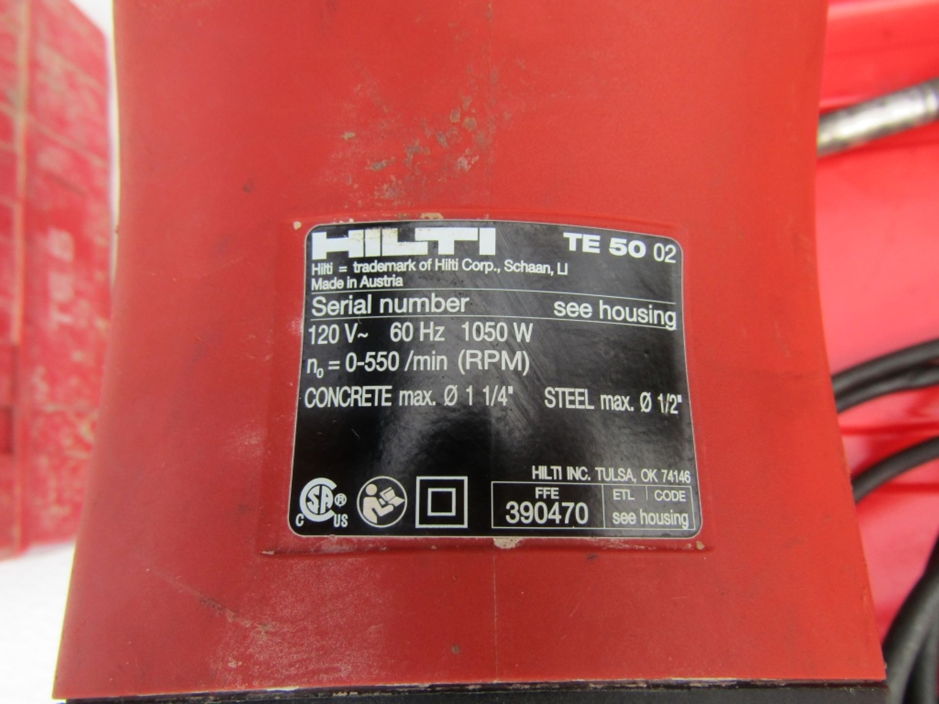 Hilti T# 50 Hammer Drill, Concrete max 1 1/4" & Steel max 1/2", 120 Volt, - Image 2 of 2
