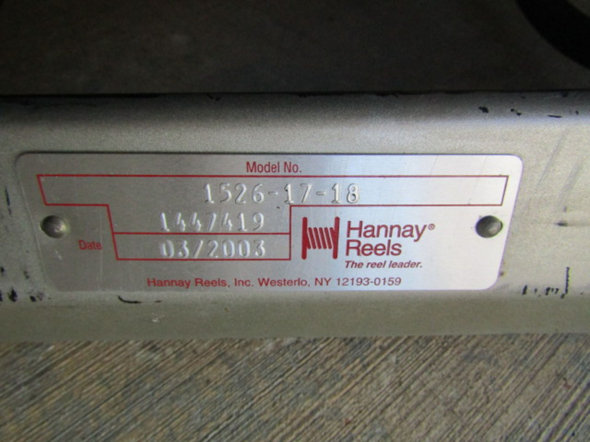 Hannay Model 1526-17-18 Water Pressure Hose & Reel, Manufacture Date 2003, - Image 2 of 3