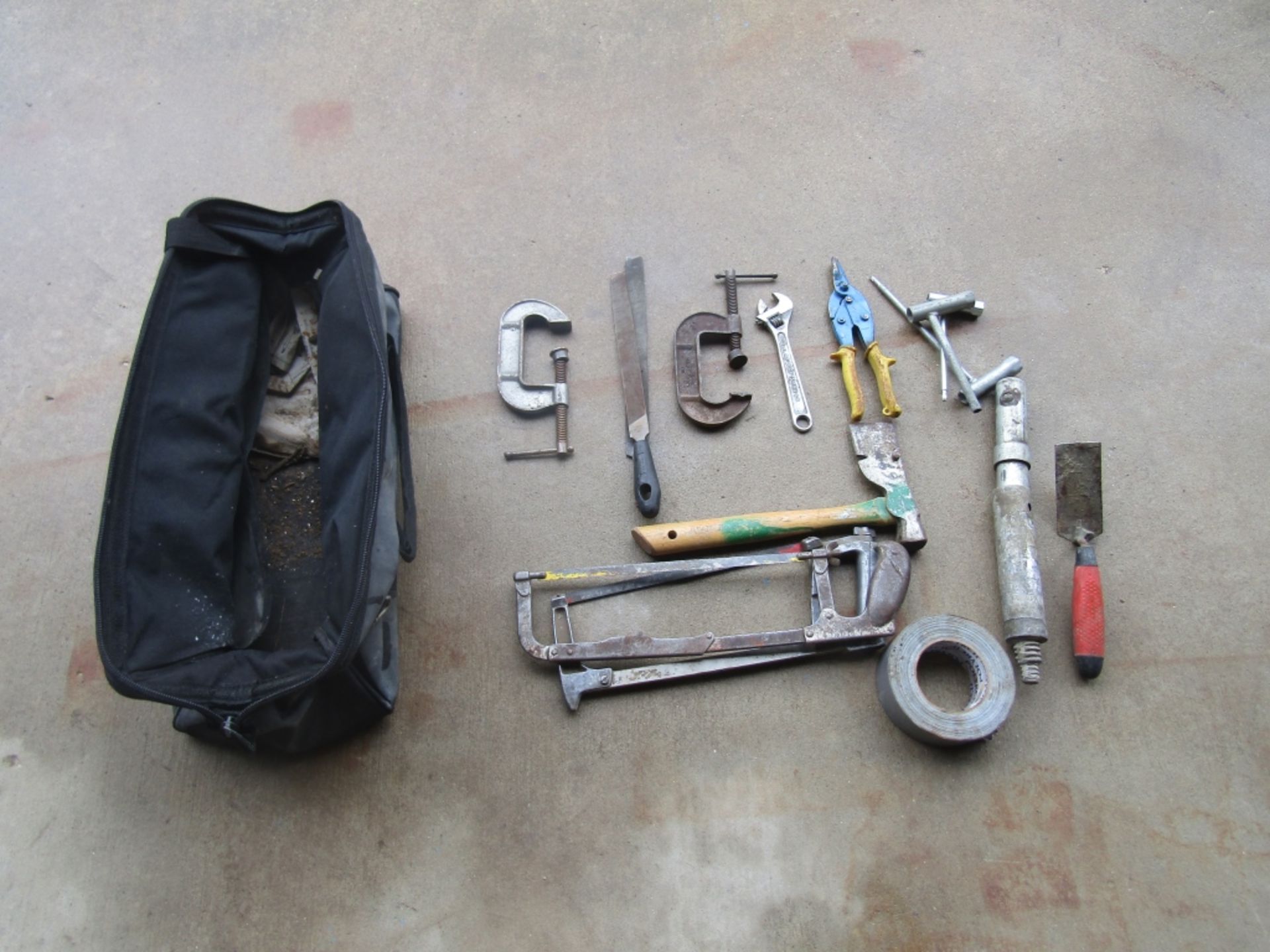 Bag of Miscellaneous Tools, C Clamps, Axe, Wrench, Files, Hand Saw, Etc.,