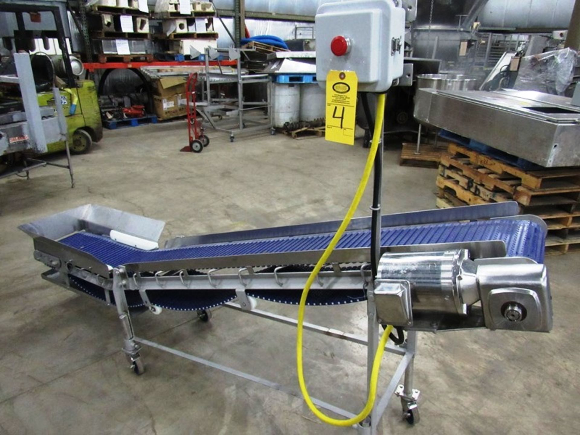 Stainless Steel Incline Conveyor, 12" W X 9' L cleated belt, 16" infeed height, 44" discharge,