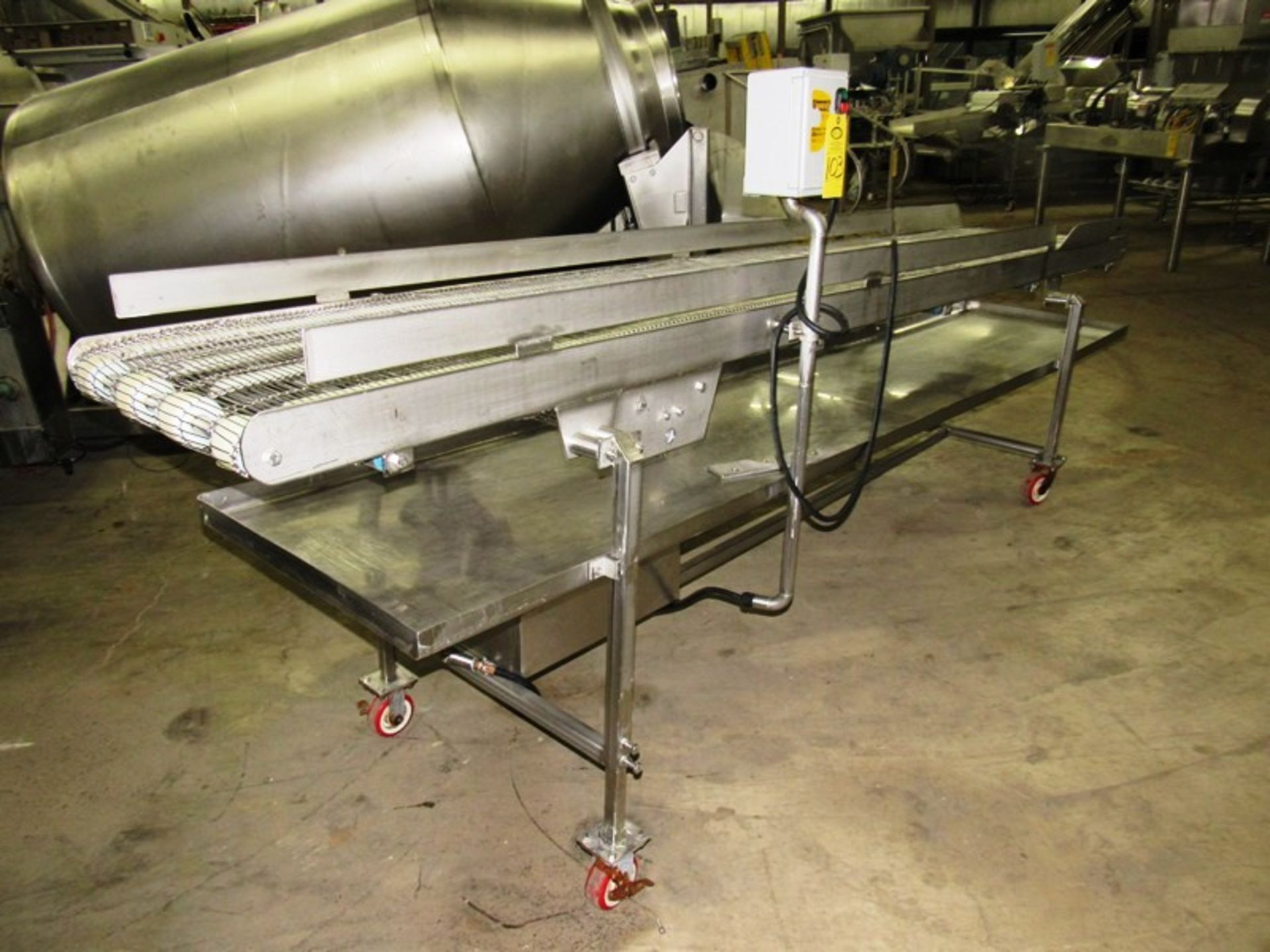 Stainless Steel Conveyor, 24" W X 13' L stainless steel belt, drip pan, hydraulic drive, on wheels