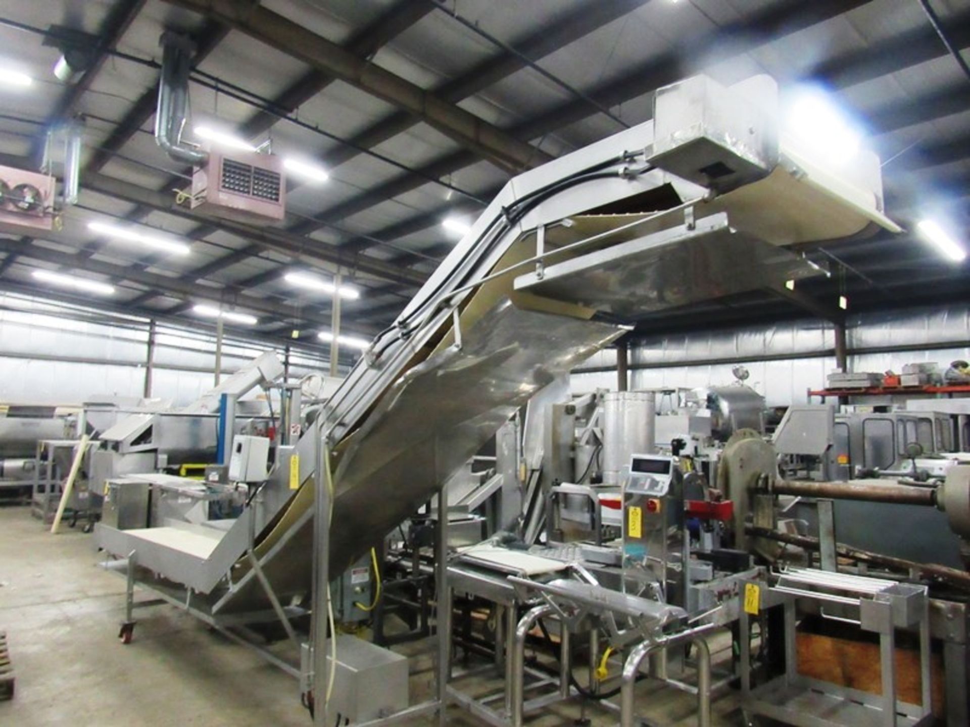 Stainless Steel Incline Conveyor, 24" W X 22' L neoprene belt, 27" infeed height, 8' discharge, on