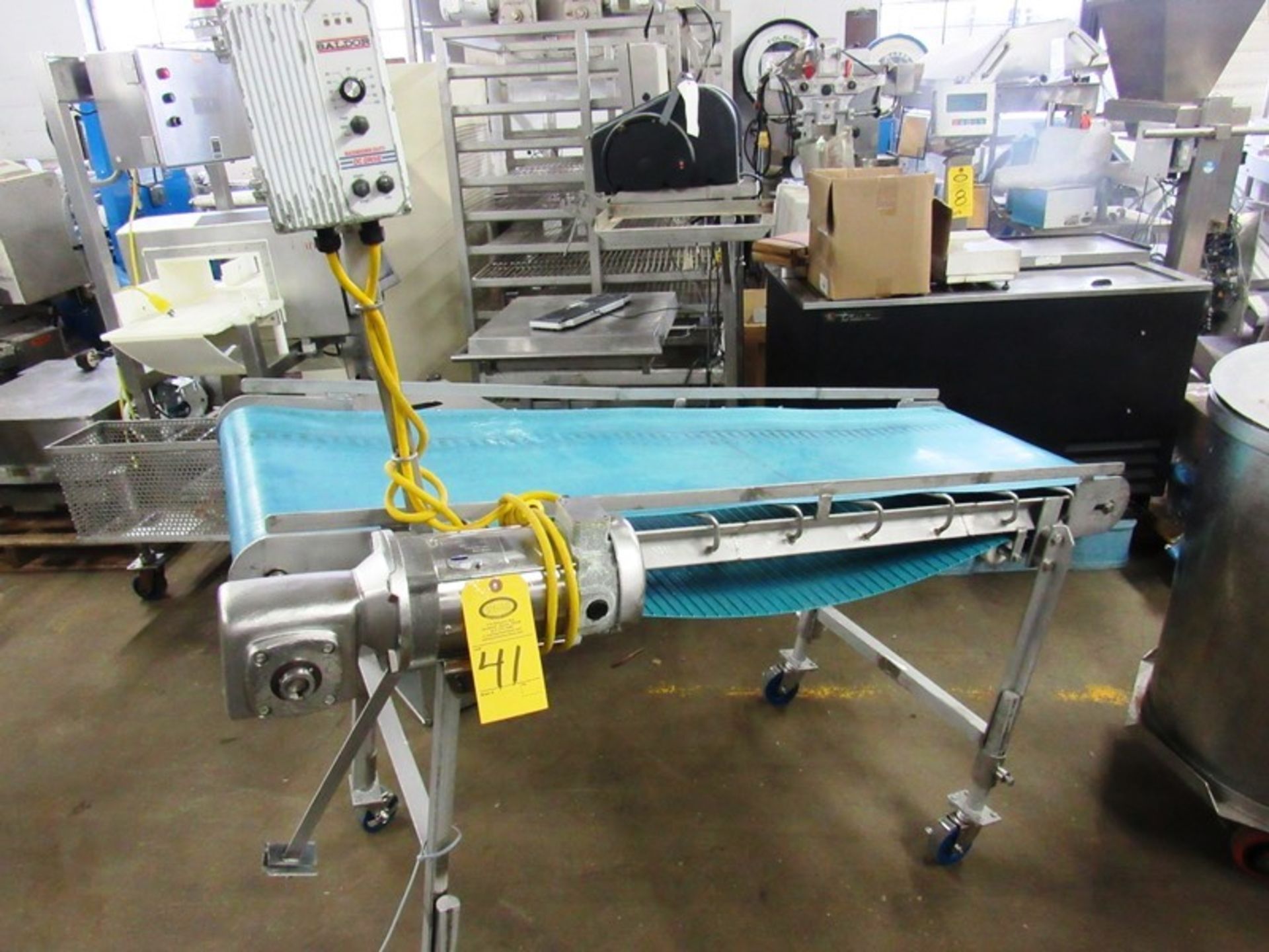 Stainless Steel Incline Conveyor, 20" W X 66" neoprene belt, adjustable height on wheels, 1/2 h.