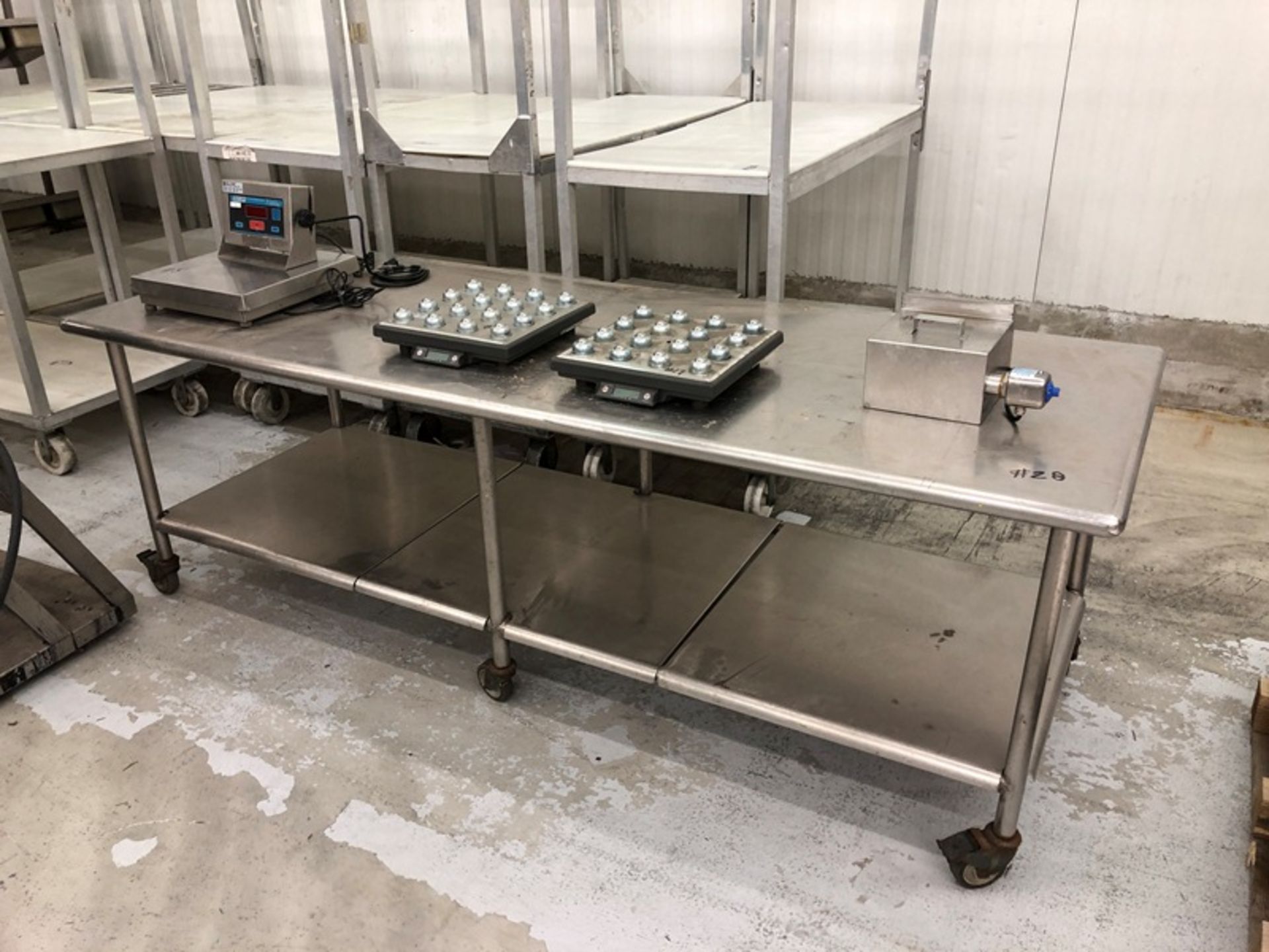 Table, 8'x33"x32", stainless steel construction, with bottom shelf, on casters (Located in