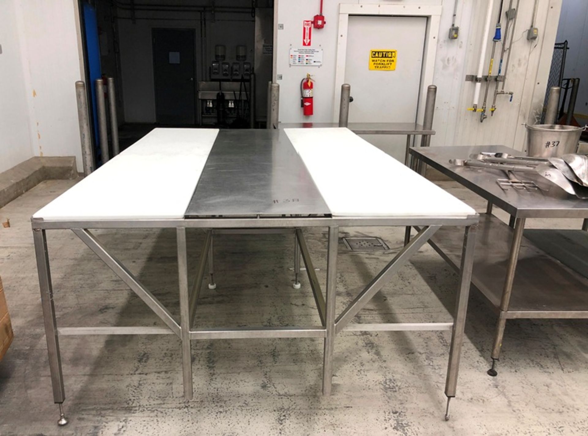 Trim Table, 10'x6'x40", (4) 5'x24" Cutting boards on each side, 10'x24" center, stainless steel