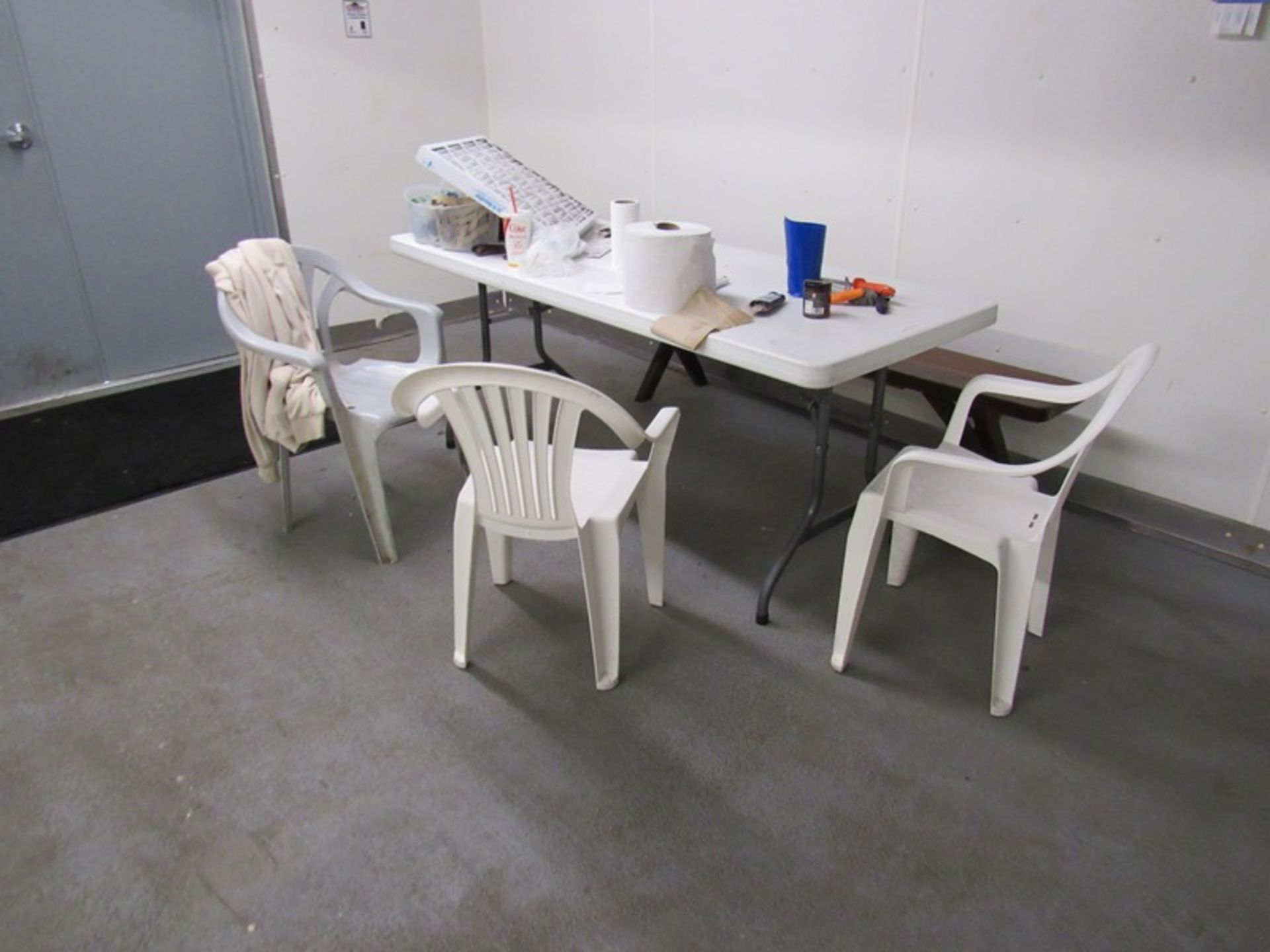 Lot of Offices in Plant/Cafeteria, (2) Desks, Table, (3) Chairs, (2) Plastic Tables, 6' 8', (2) Plas - Image 6 of 9